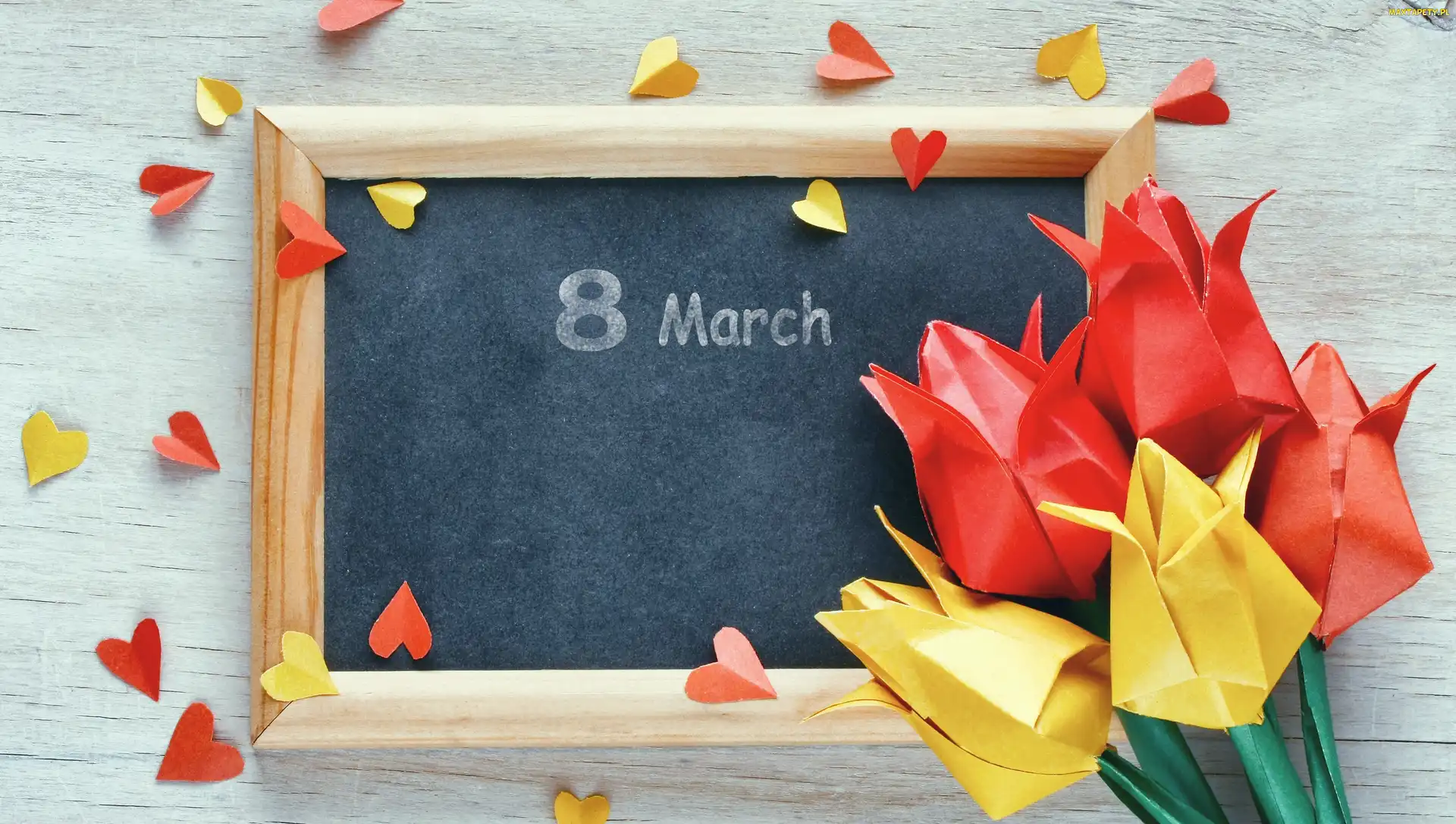 Tablica, Origami, Tulipany, Serduszka, Dzień Kobiet