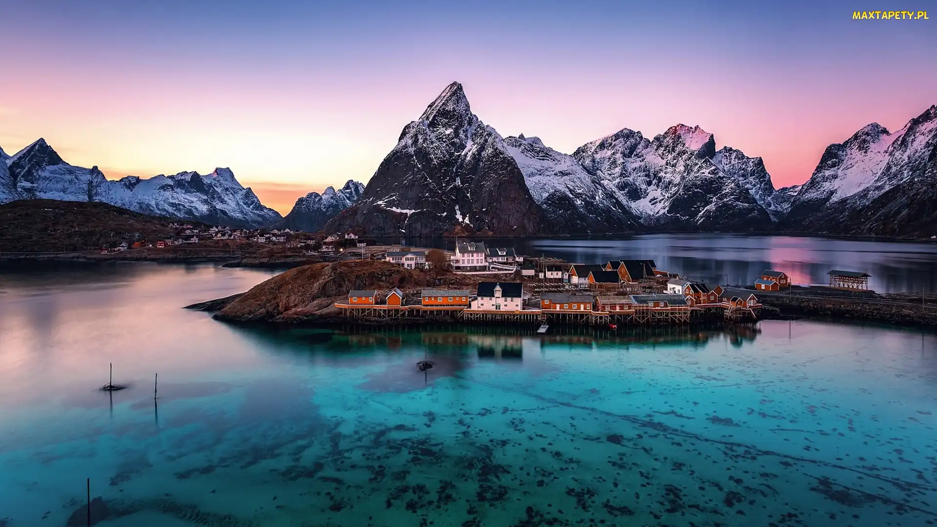 Norwegia, Lofoty, Domy, Morze, Wioska Reine, Góry