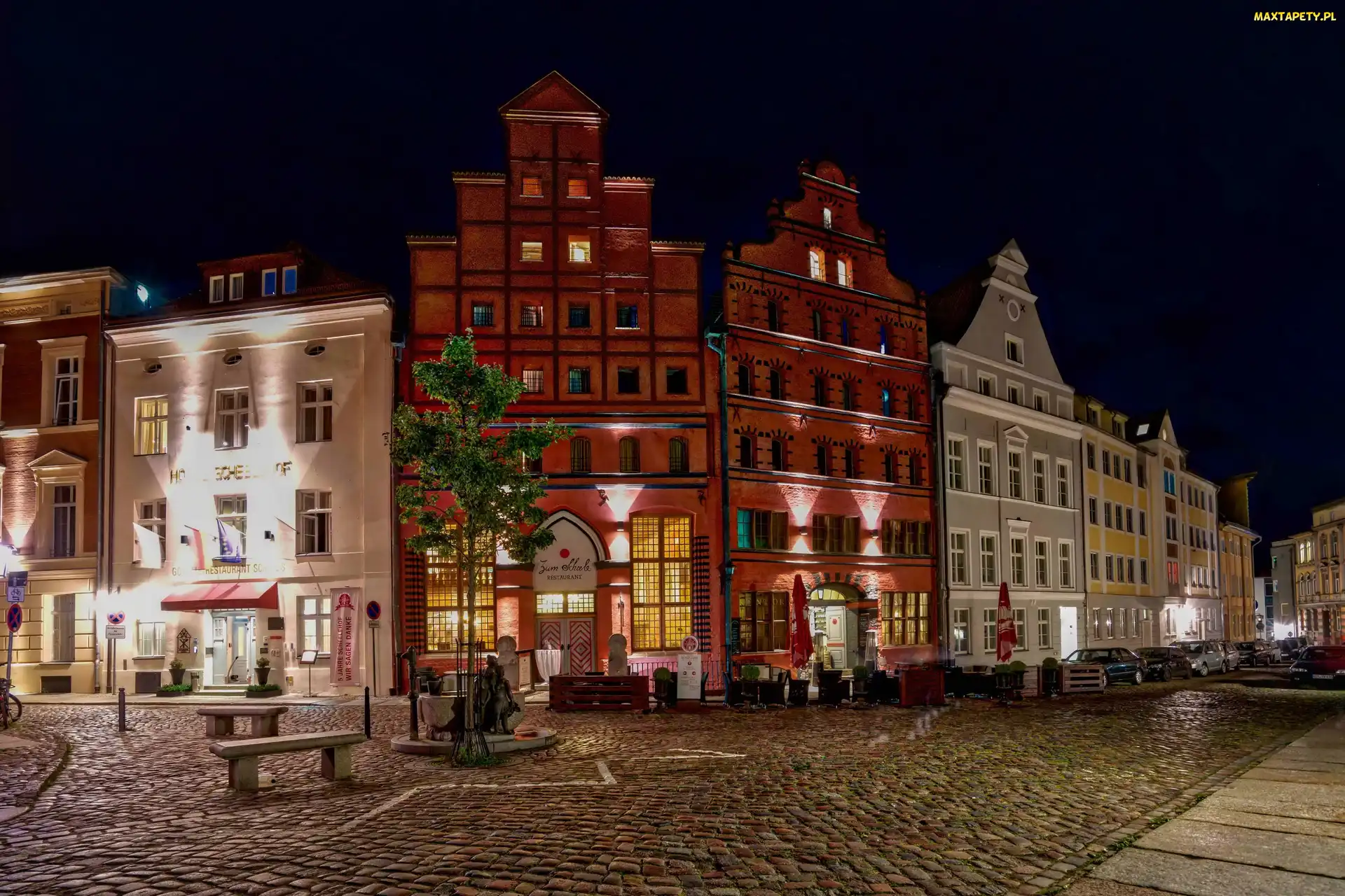 Niemcy, Domy, Noc, Stralsund