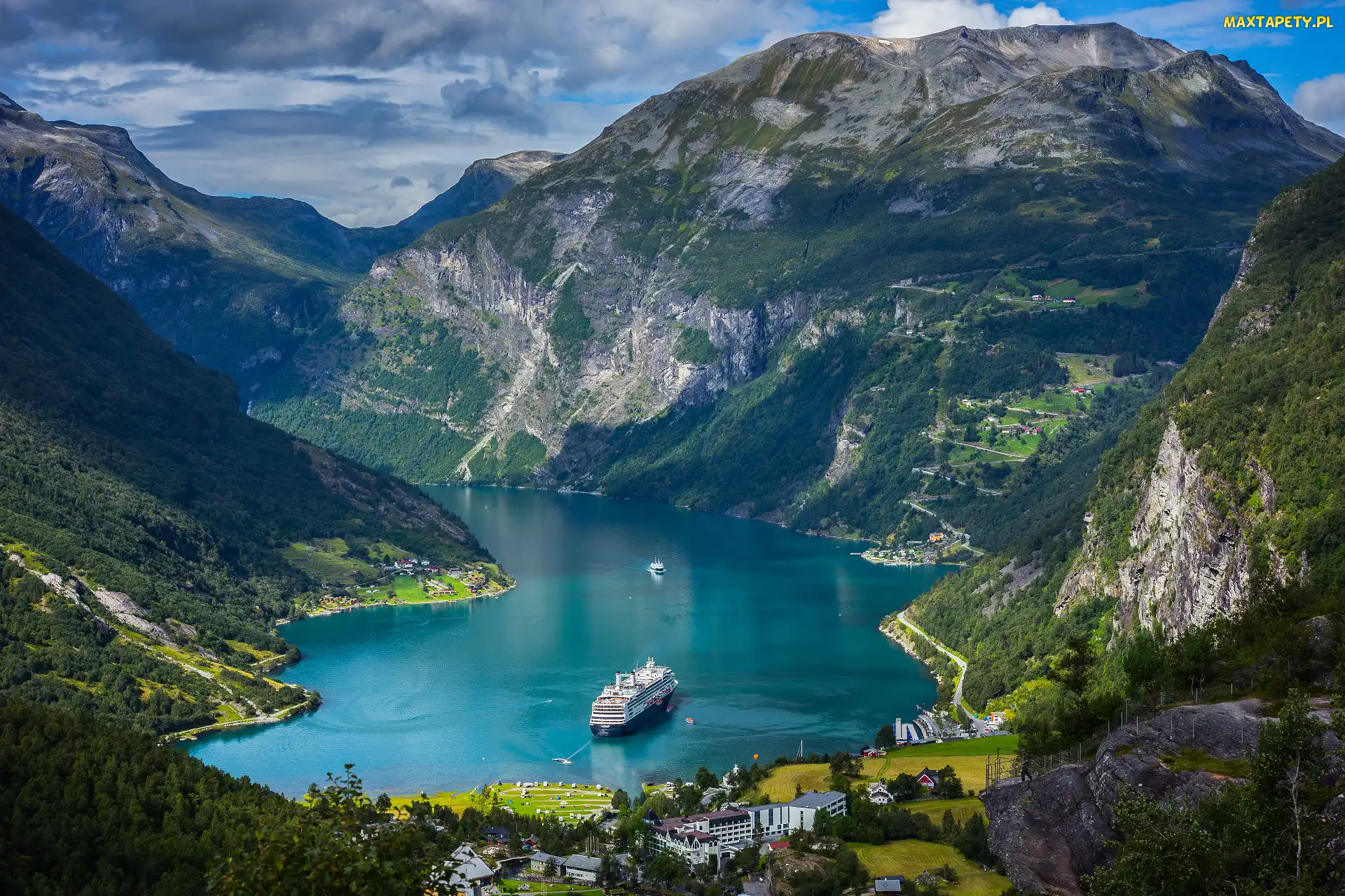 Statek, Domy, Fiord Geirangerfjorden, Norwegia, Góry, Zatoka