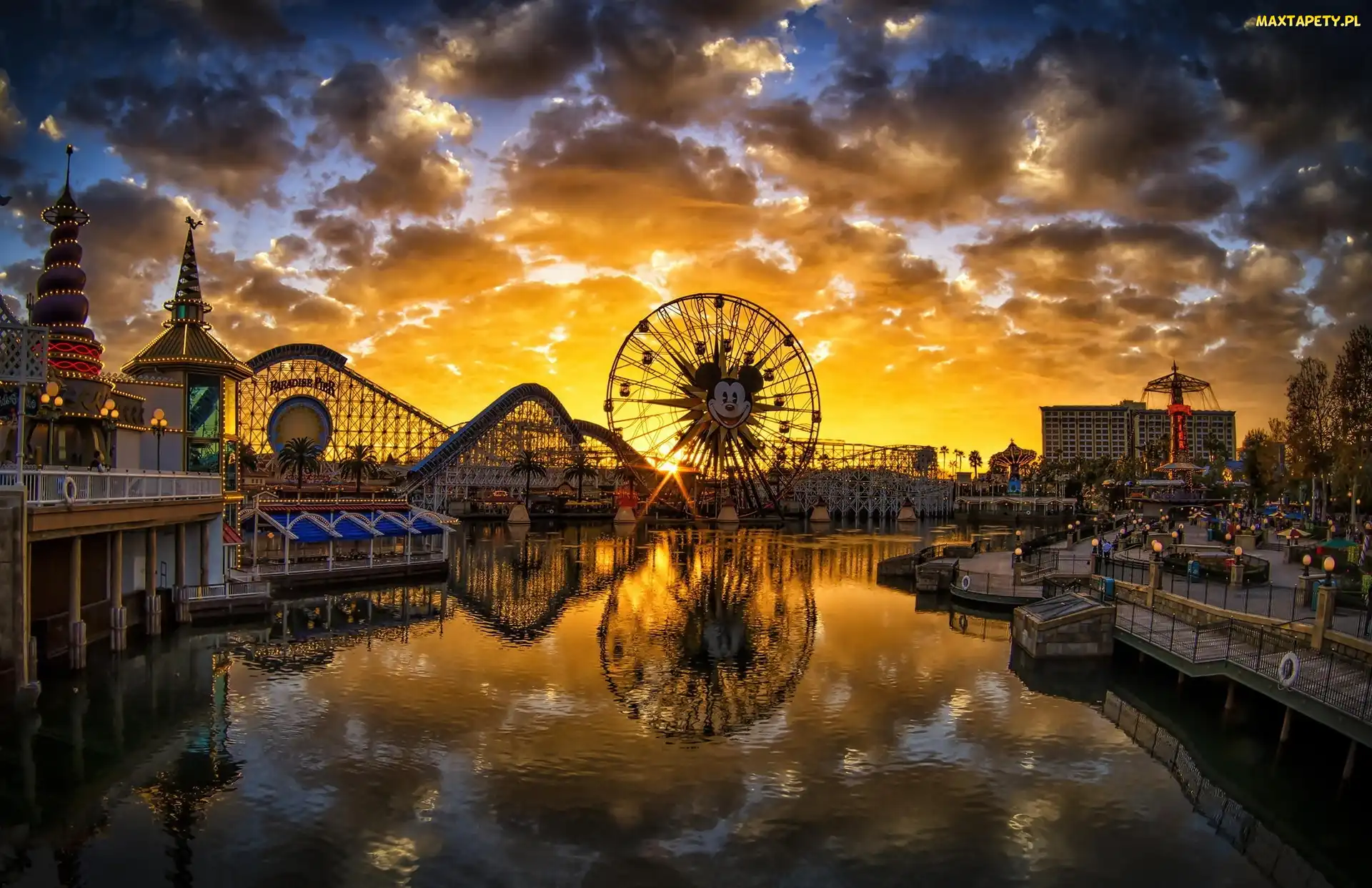 Kalifornia, Stany Zjednoczone, Zachód słońca, Disneyland, Diabelski młyn, Rzeka, Anaheim