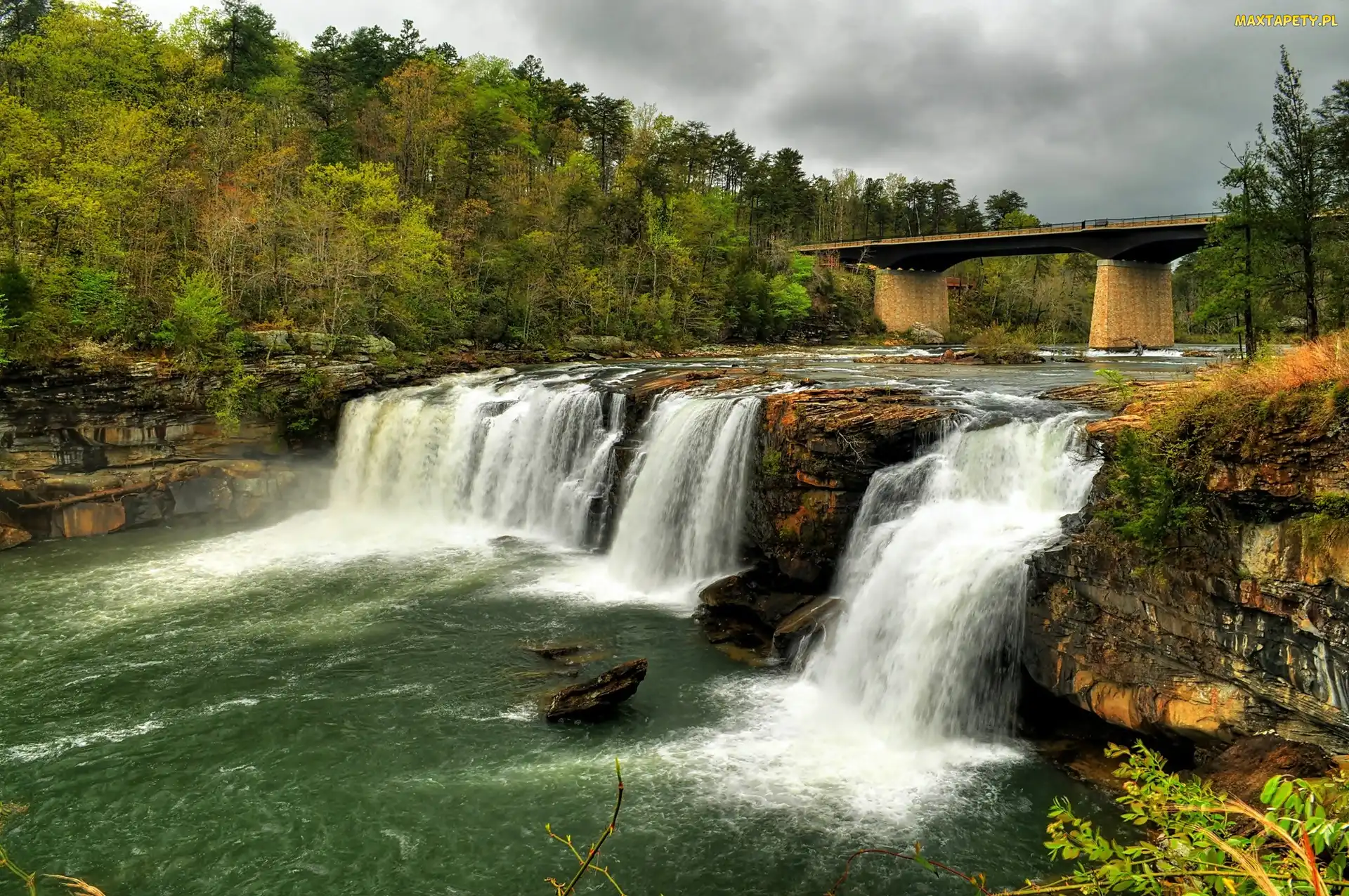 Rzeka, Wodospad Little River Falls, Stan Alabama, Las, Most, Stany Zjednoczone, Little River Canyon National Preserve