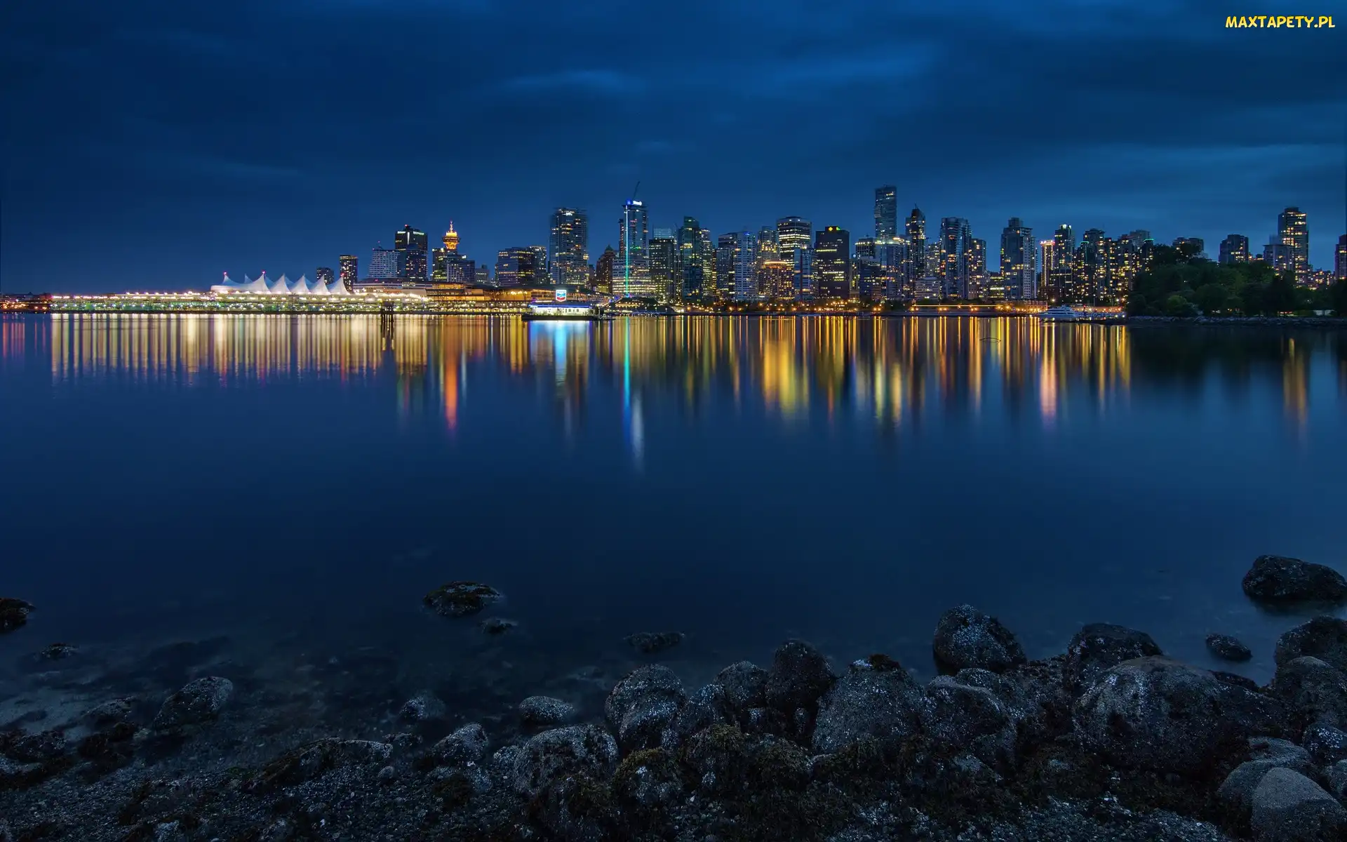 Vancouver, Brzeg, Kanada, Zatoka, Noc, Stanley Park, Zdjęcie miasta, Kamienie
