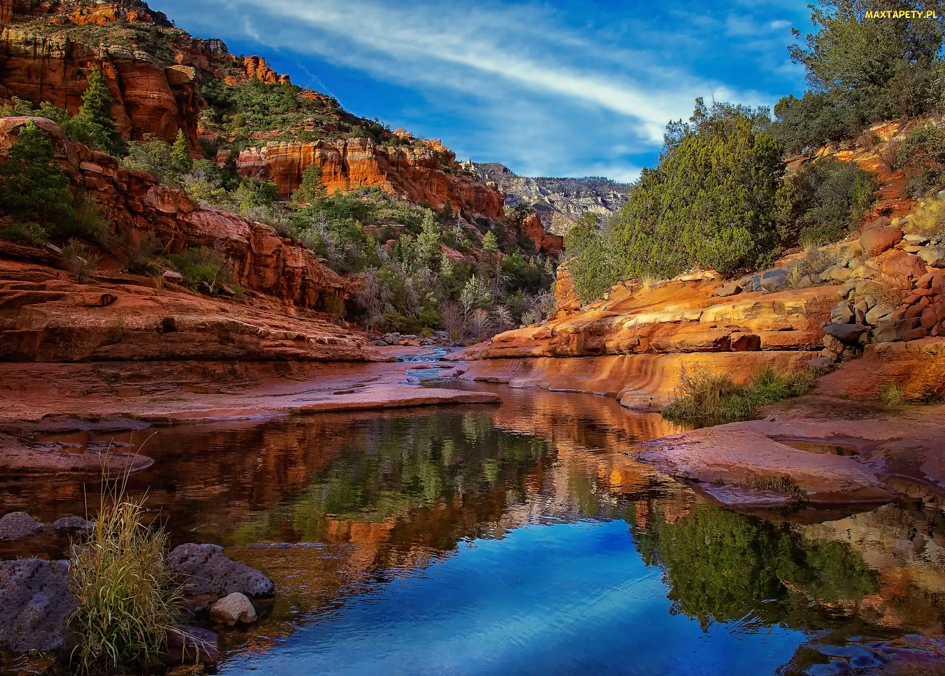 Skały, Rzeka, Stan Arizona, Drzewa, Kanion, Stany Zjednoczone, Park stanowy Slide Rock