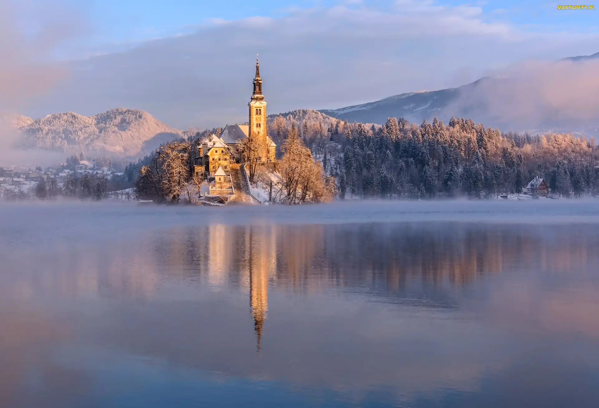 Kościół, Zima, Słowenia, Jezioro Bled