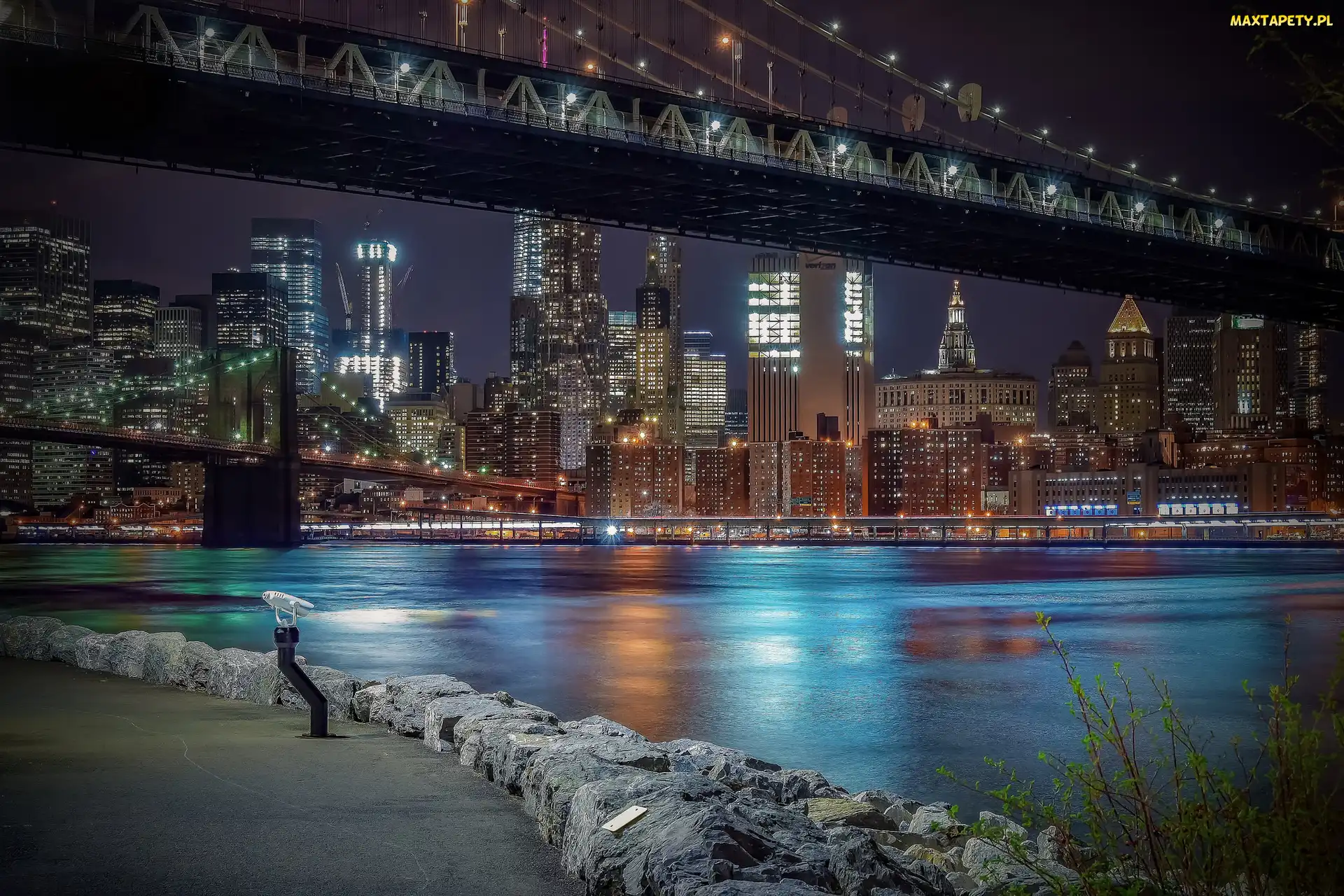 Nowy Jork, Miasto nocą, Most, Rzeka East River, Stany Zjednoczone