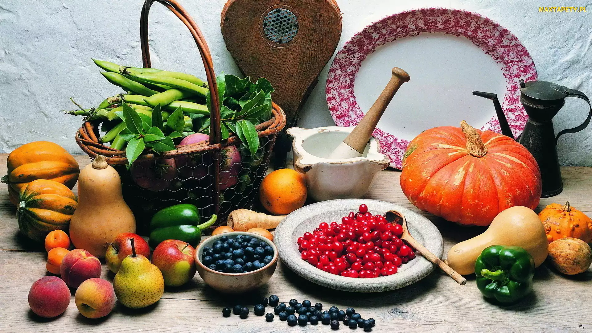 Warzywa, Borówki, Jabłka, Moździerz, Dynia, Papryka, Owoce, Kompozycja, Śliwka