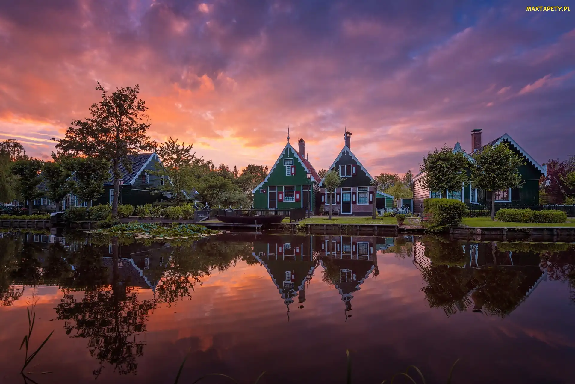 Odbicie, Świt, Skansen Zaanse Schans, Holandia, Domy, Kanał