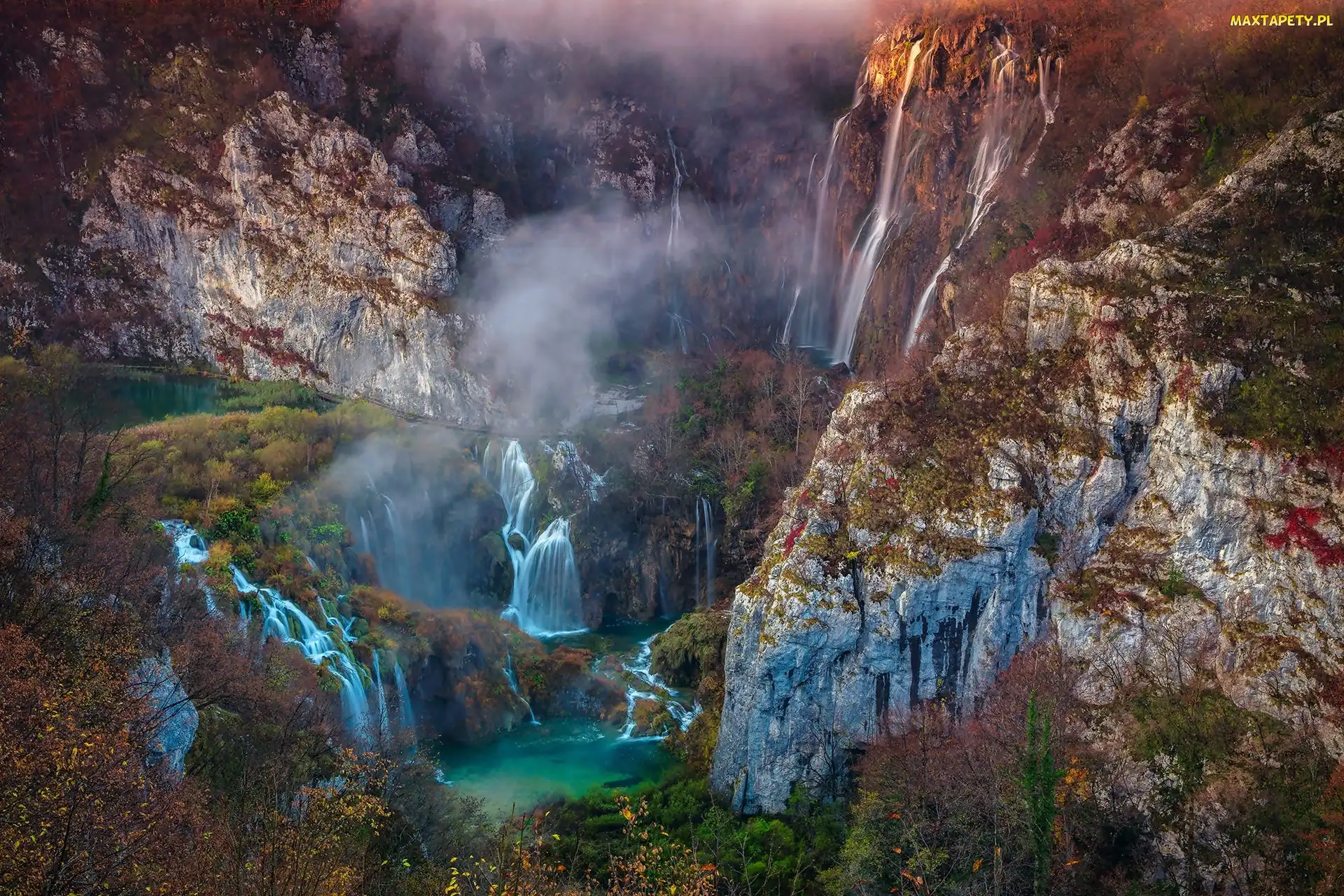 Plitvice, Góry, Chorwacja, Wodospad, Jeziora, Park Narodowy Jezior Plitwickich, Krzewy, Skały