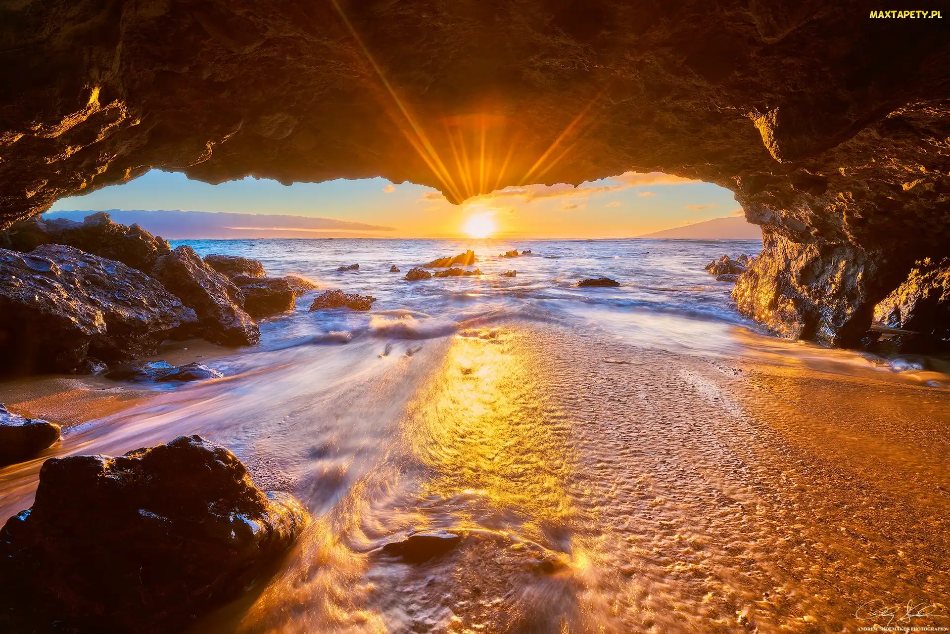 Zachód słońca, Jaskinia, Maui, Hawaje, Ocean Spokojny, Skały