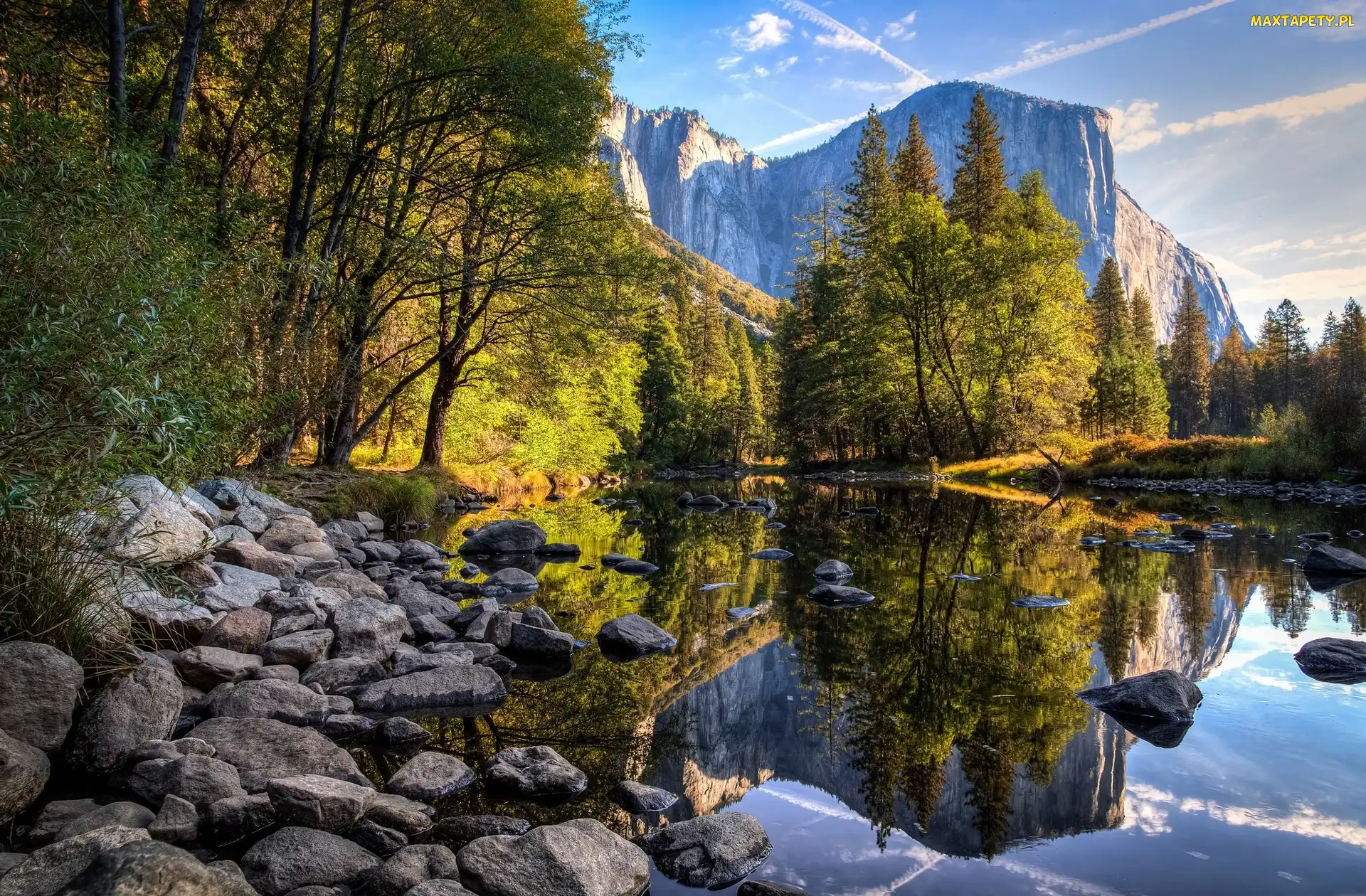 Kalifornia, Drzewa, Stany Zjednoczone, Kamienie, Rzeka, Park Narodowy Yosemite, Odbicie, Góry