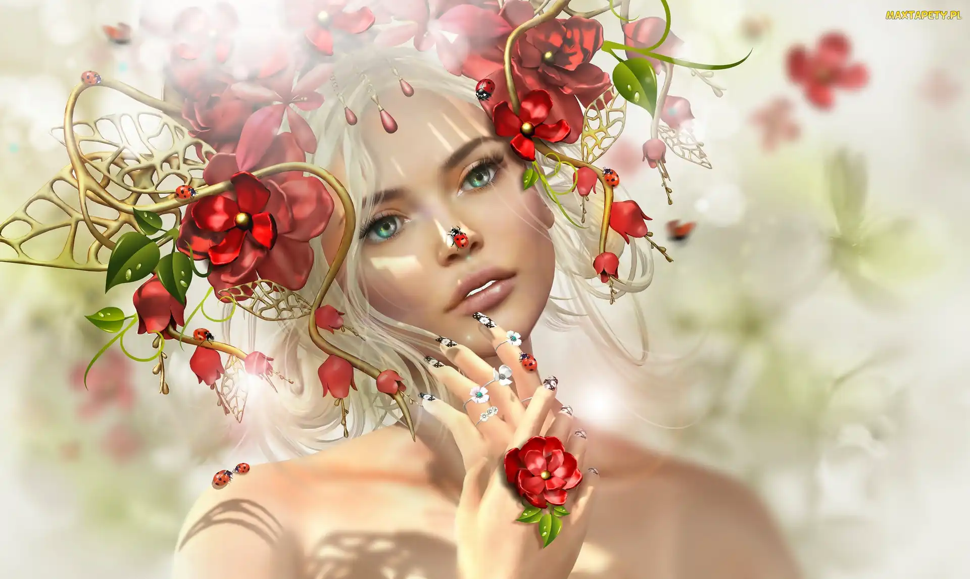 Grafika 2D, Biedronki, Blondynka, Kwiaty