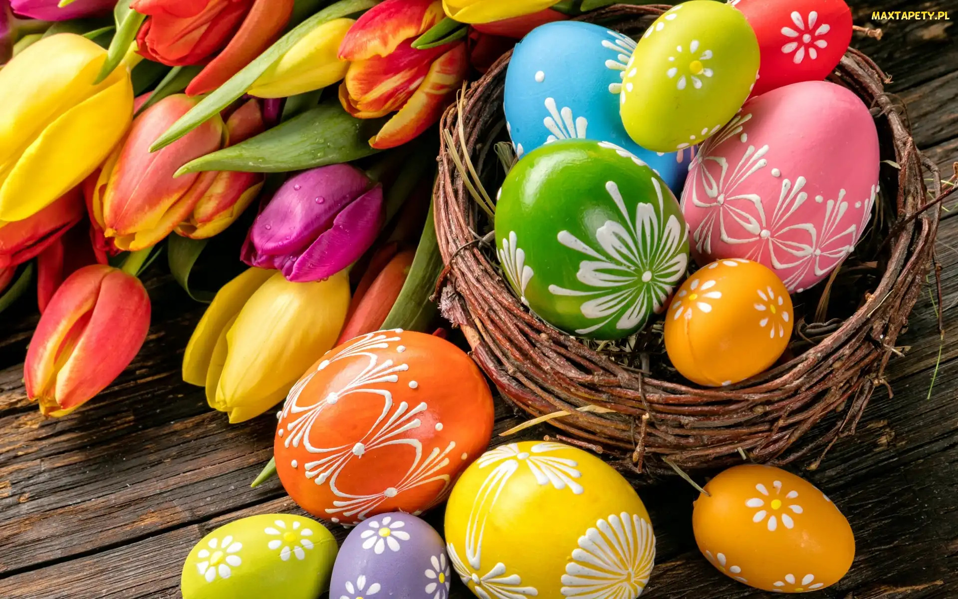 Pisanki, Koszyk, Kompozycja, Wielkanoc, Kwiaty, Tulipany