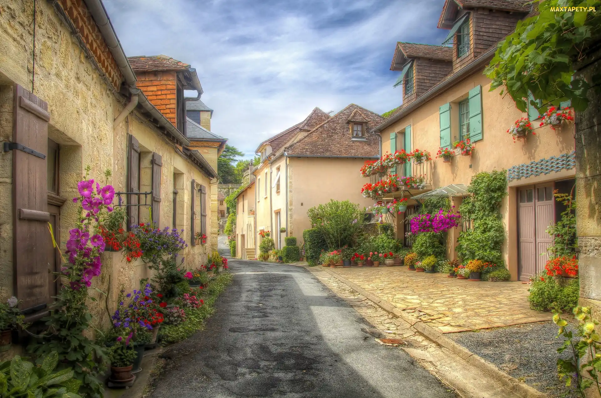 Kwiaty, Ulica, Nowa Akwitania, HDR, Domy, Francja, Hautefort