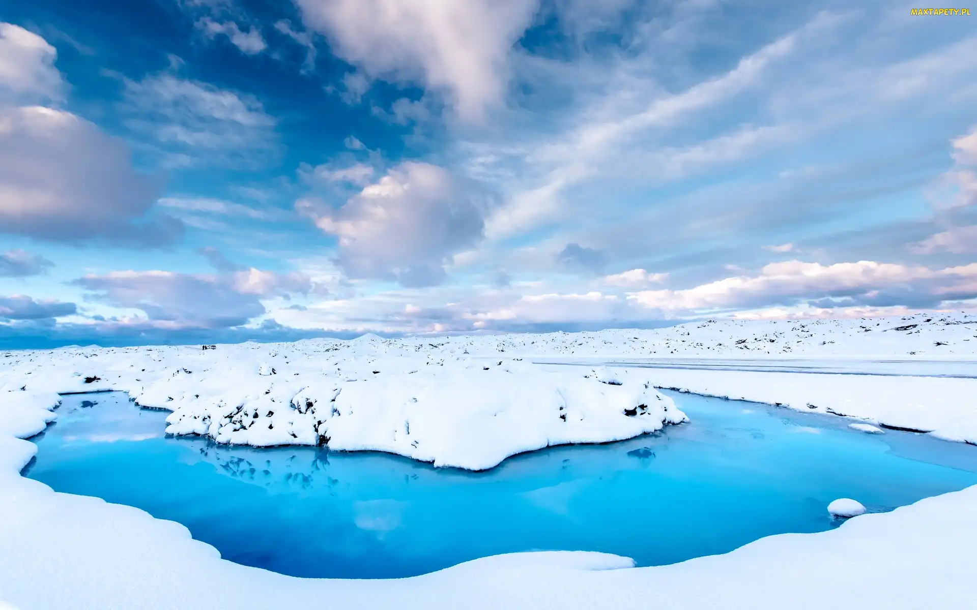 Islandia, Błękitna Laguna, Zima, Lód, Chmury, Źródła geotermalne