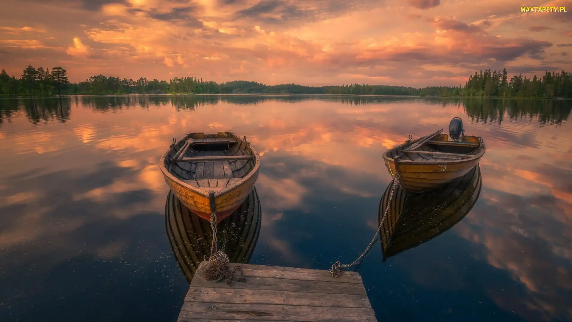 Zachód Słońca, Pomost, Ringerike, Norwegia, Łódki, Jezioro