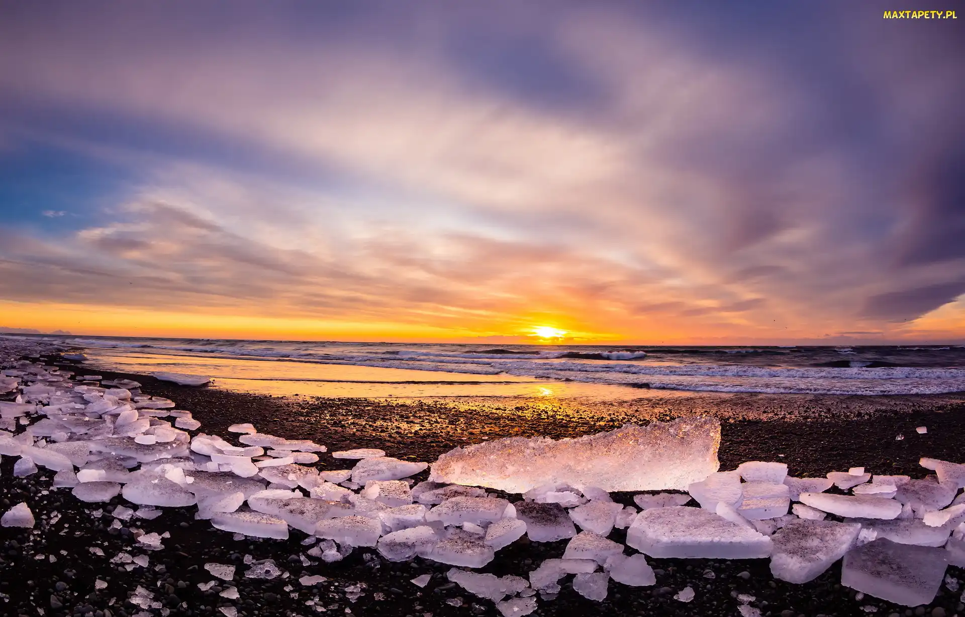 Laguna Jökulsárlón, Lód, Zachód słońca, Morze, Islandia