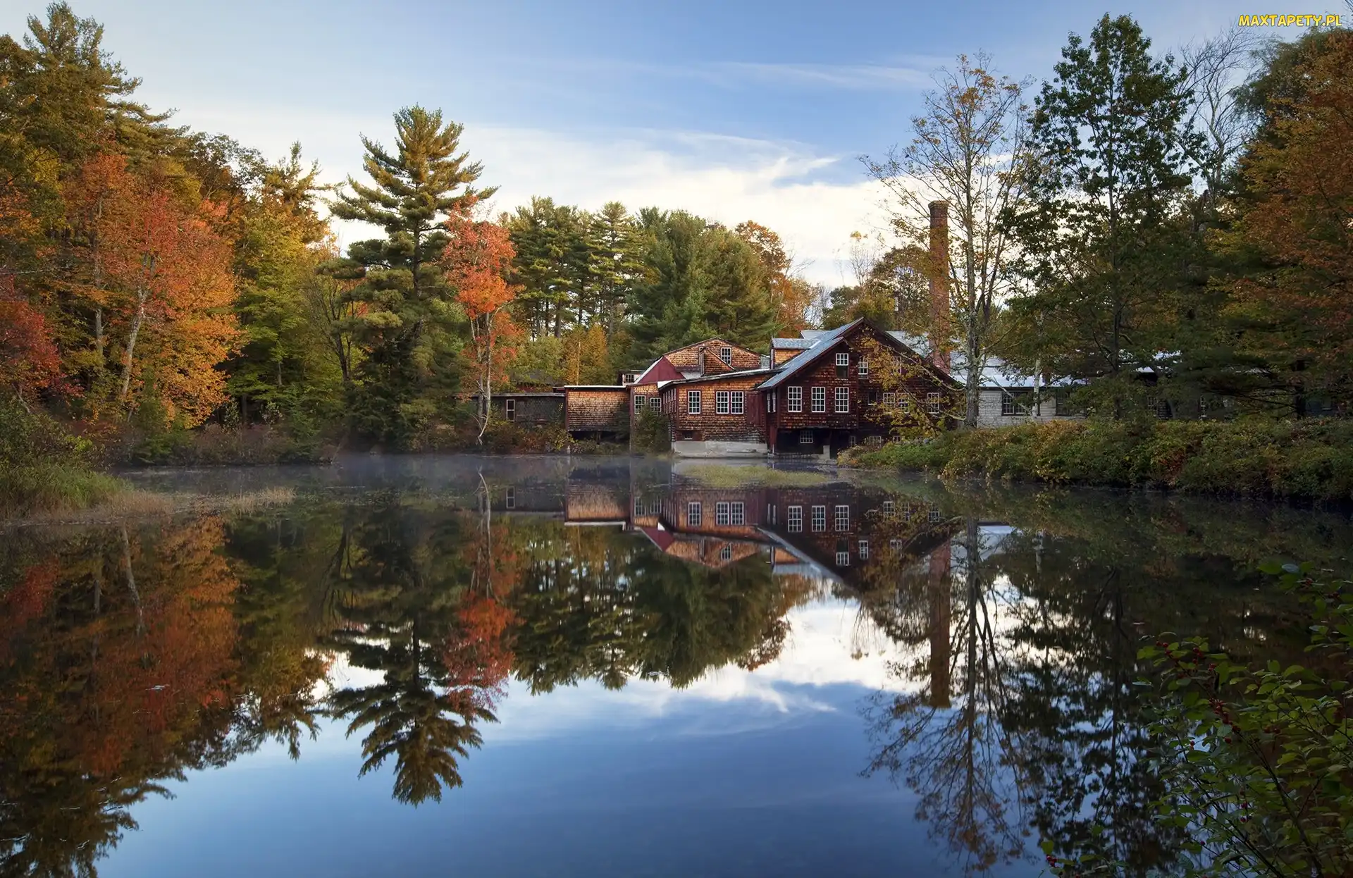 Stan New Hampshire, Drzewa, Stany Zjednoczone, Staw, Młyn Fryes Measure Mill, Wilton, Odbicie, Domy