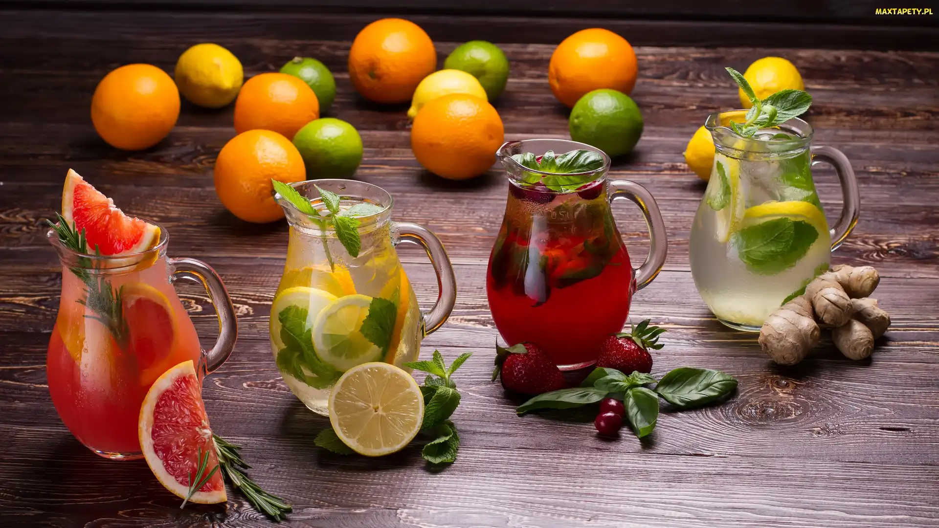 Dzbanki, Limonki, Soki, Kompozycja, Owoce, Truskawki, Cytryny, Imbir, Pomarańcze