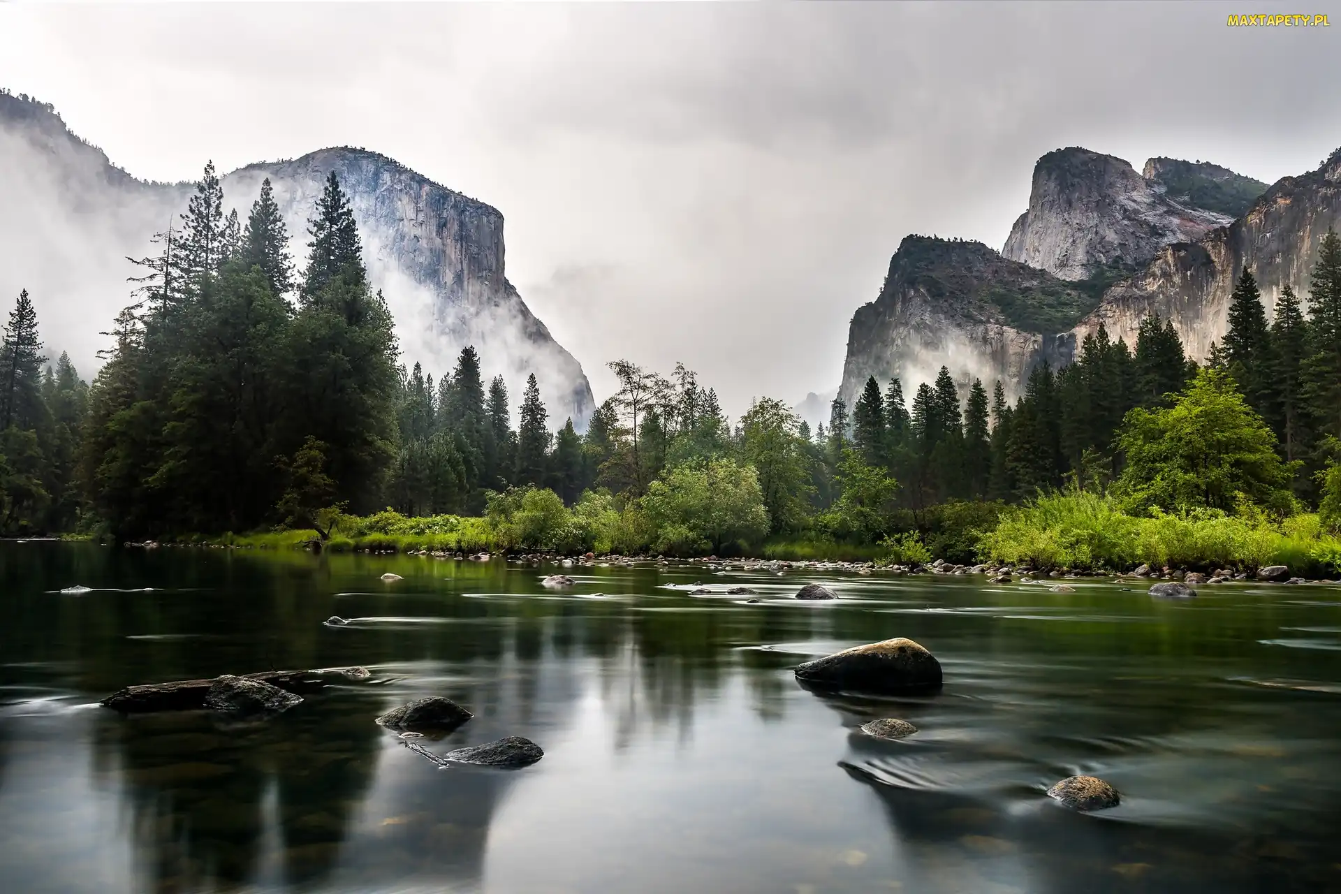 Kamienie, Rzeka Merced, Kalifornia, Drzewa, Góry, Stany Zjednoczone, Park Narodowy Yosemite