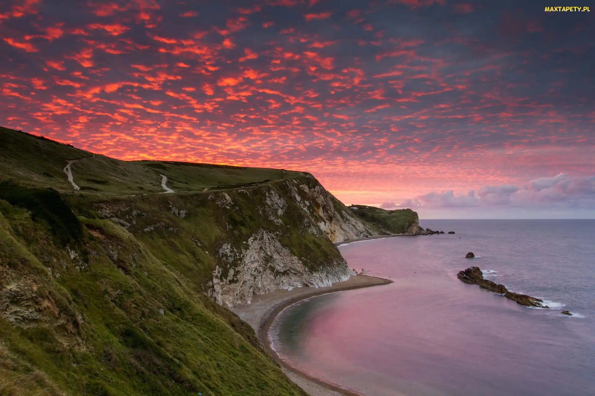 Anglia, Zachód słońca, Men Of War Bay, Morze, Wybrzeże Jurajskie