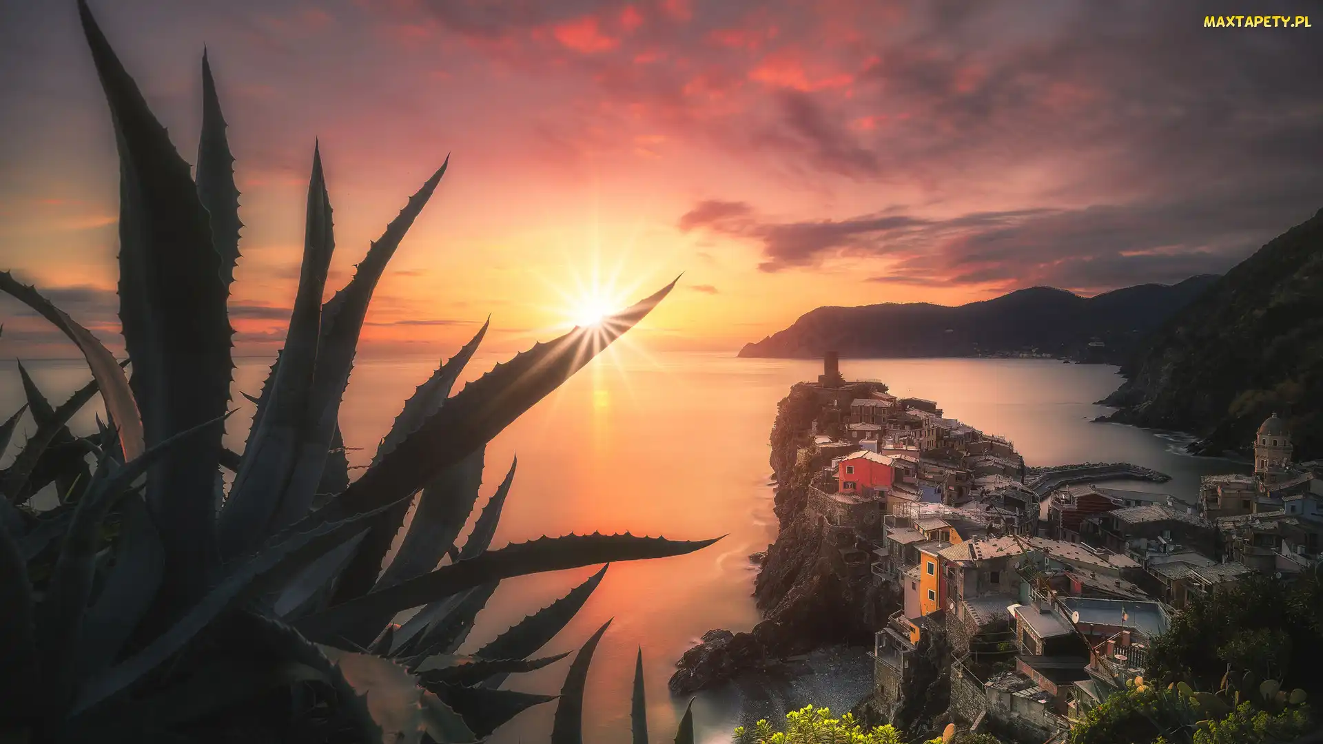 Zachód słońca, Góry, Cinque Terre, Rośliny, Morze, Włochy, Vernazza