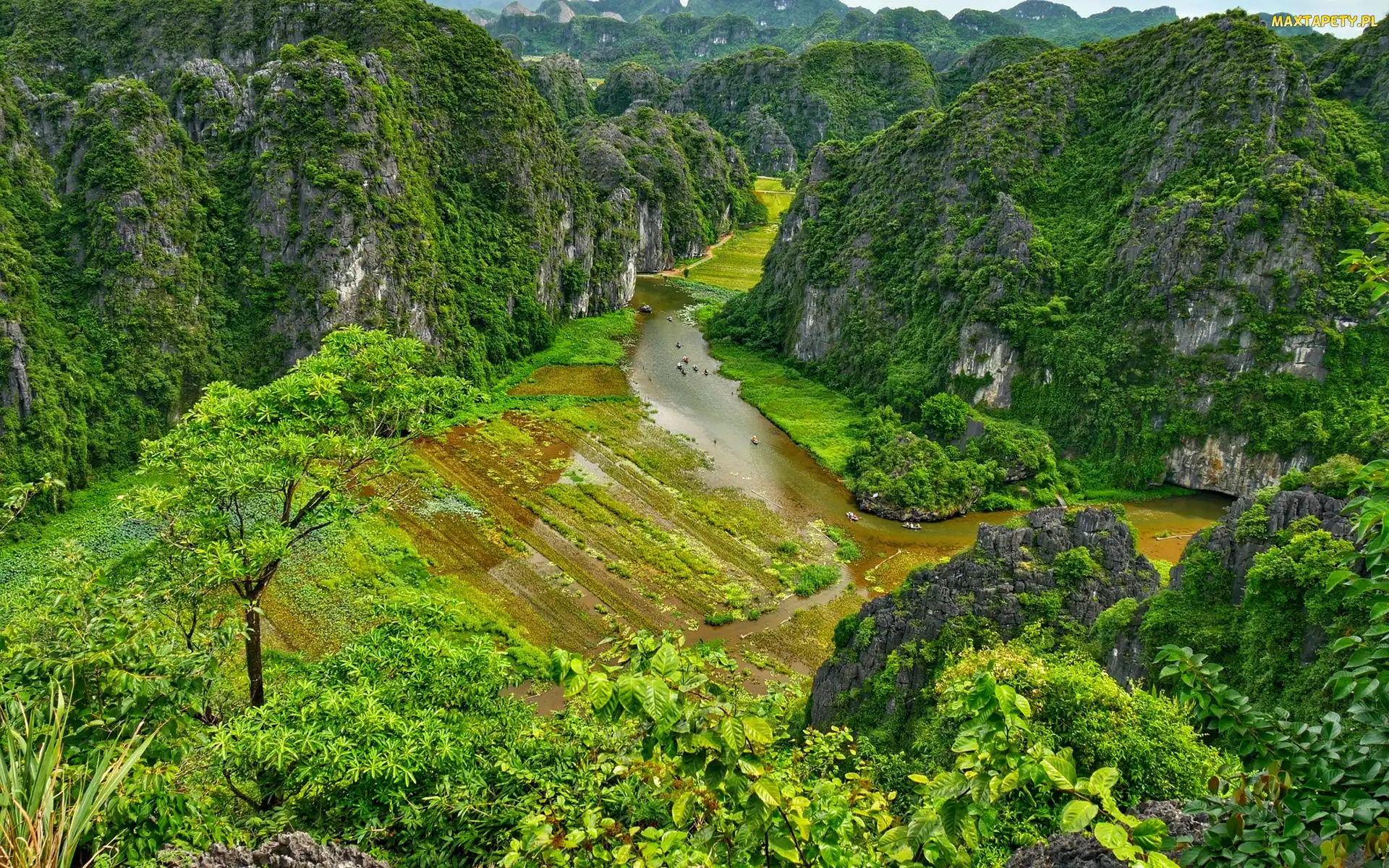 Skały, Góry, Ninh Binh, Wietnam, Dolina Tam Coc, Rzeka Ngo Dong