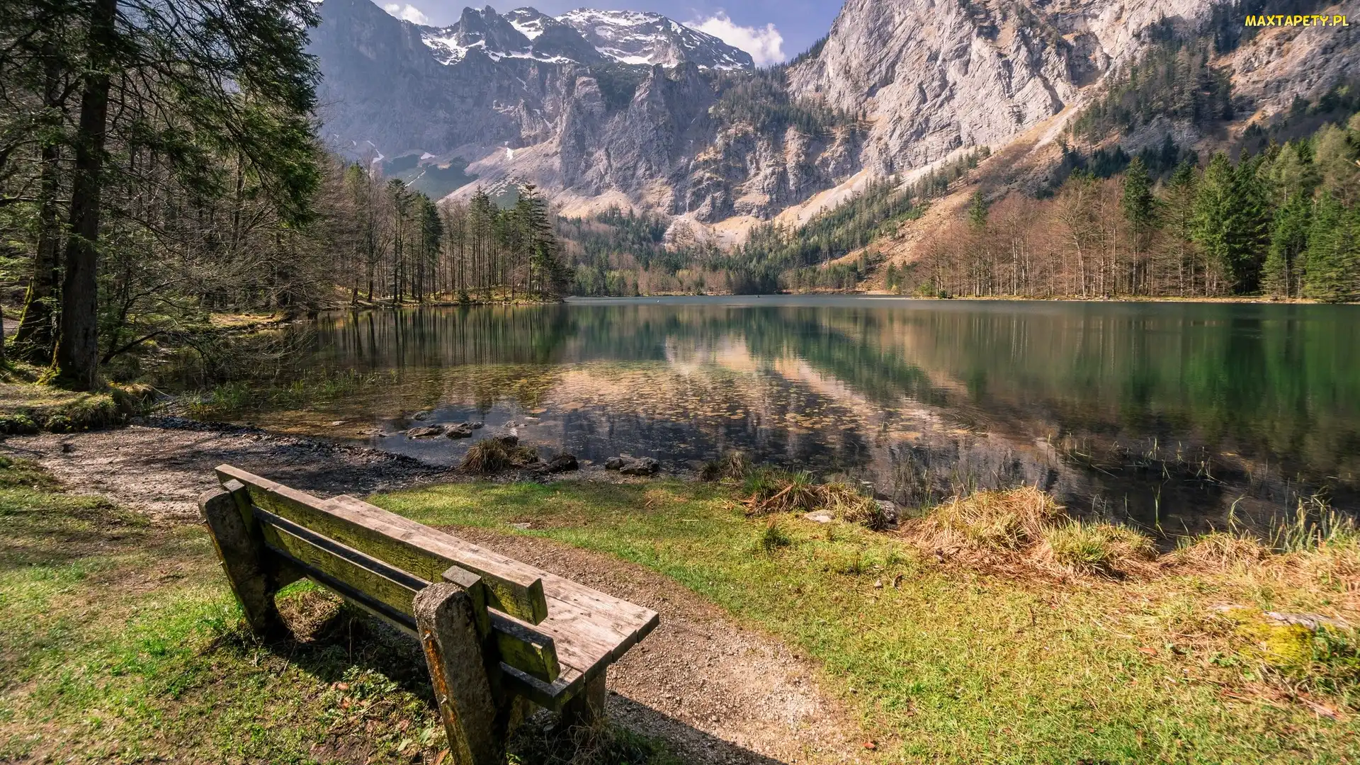 Jezioro Hintere Langbathsee, Ławeczka, Drzewa, Góry Alpy, Austria
