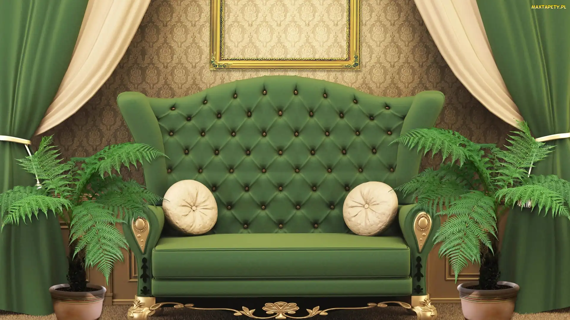 Paprocie, Sofa, Salon, Zielona