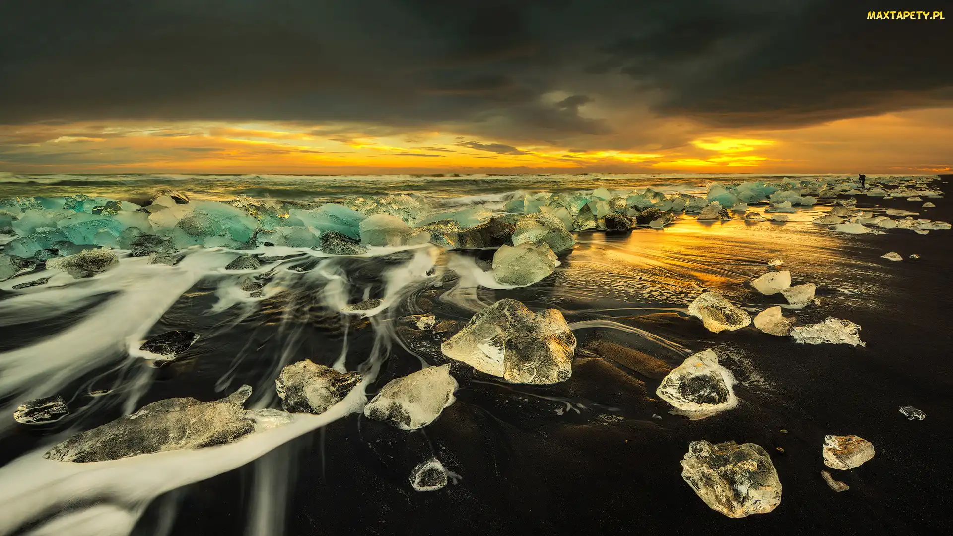 Plaża, Laguna Lodowcowa Jökulsárlón, Islandia, Morze, Lód, Bryły, Zachód słońca, Diamond Beach