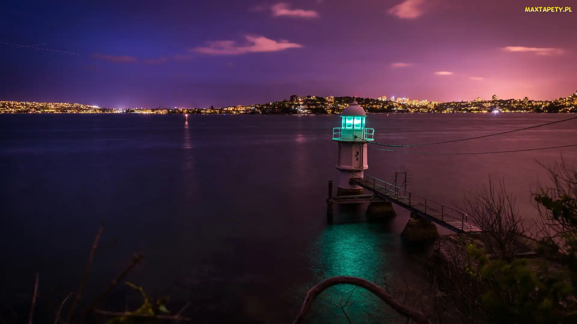Sydney, Miasto nocą, Morze, Latarnia morska Bradleys Head Light, Australia