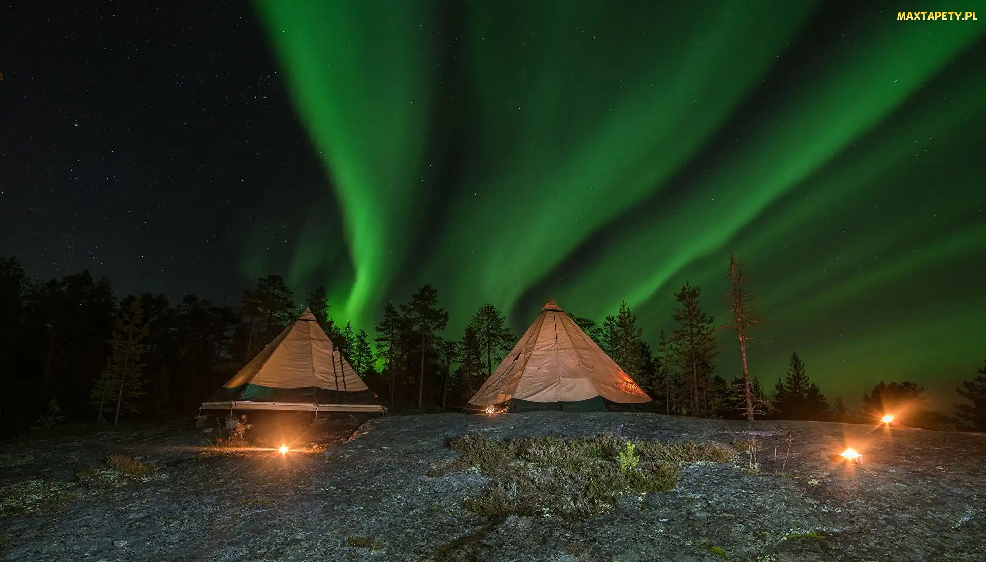 Laponia, Gwiazdy, Namioty, Zorza polarna, Finlandia