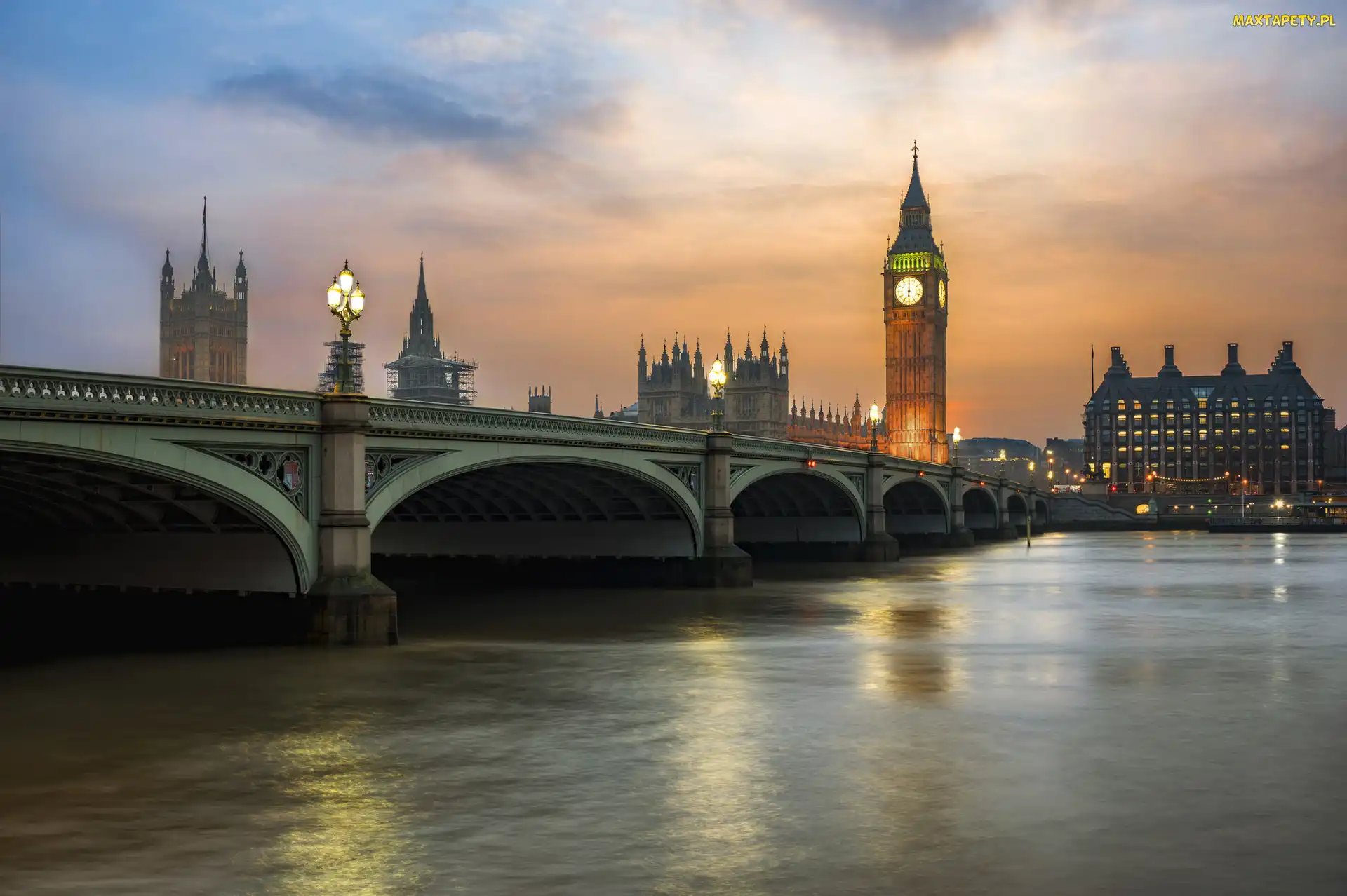 Zachód Słońca, Big Ben, Londyn, Anglia, Rzeka Tamiza, Most Westminsterski