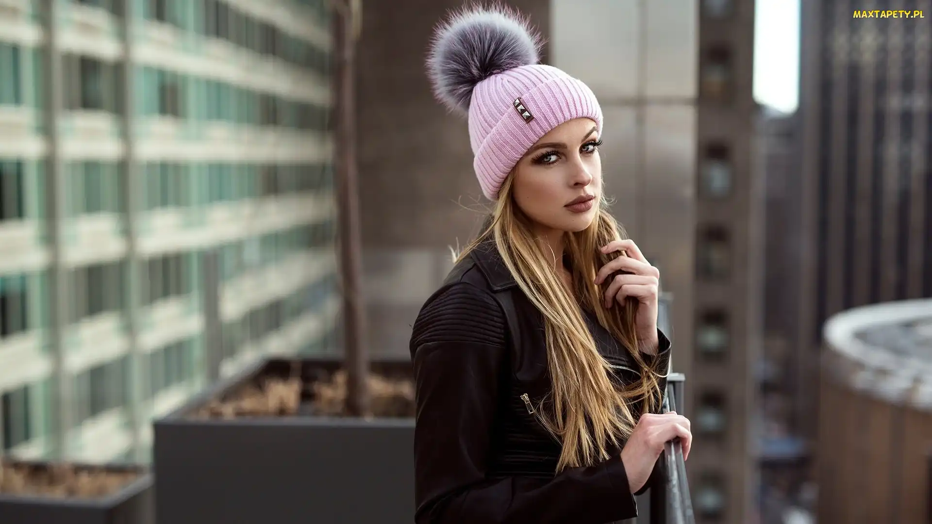 Kobieta, Pompon, Różowa, Czapka, Blondynka