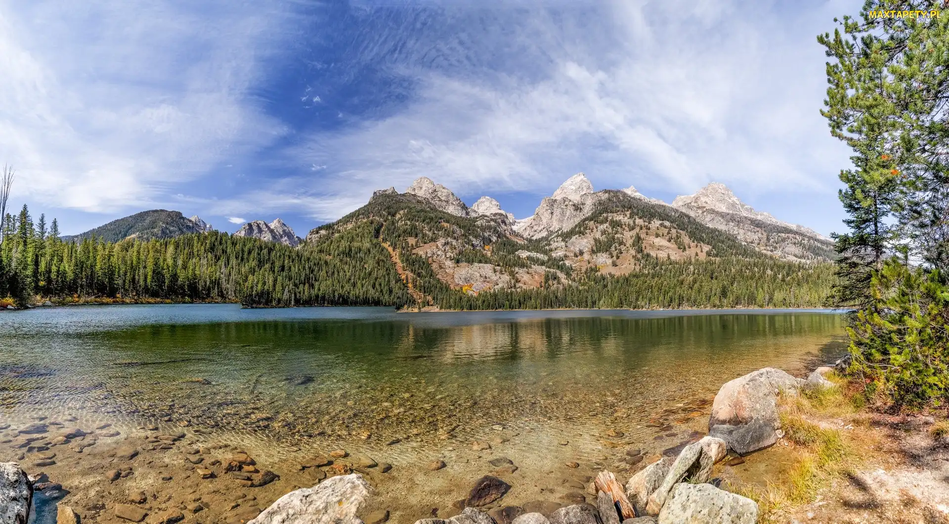 Stan Wyoming, Stany Zjednoczone, Góry, Jezioro Bradley, Kamienie, Drzewa, Park Narodowy Grand Teton
