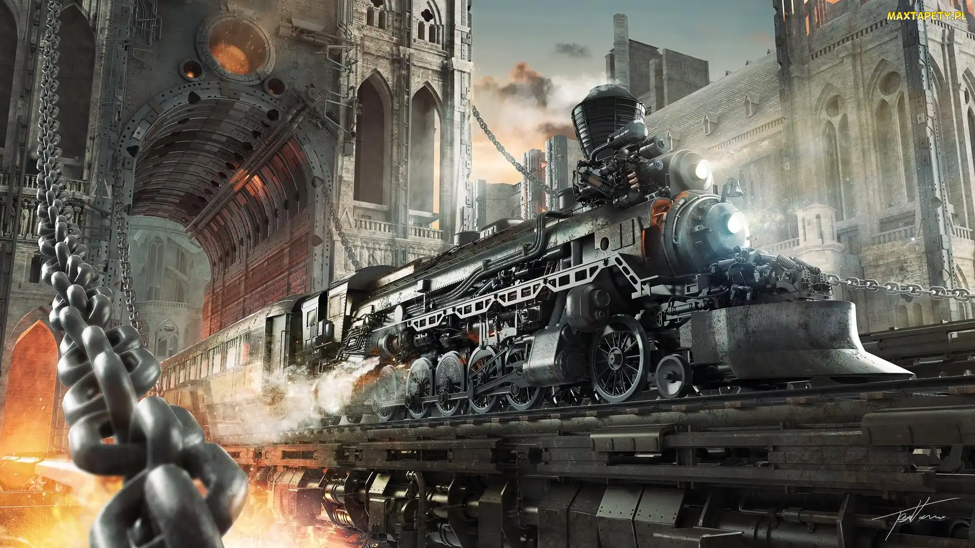 Pociąg, Łańcuch, Budynki, Lokomotywa, Steampunk