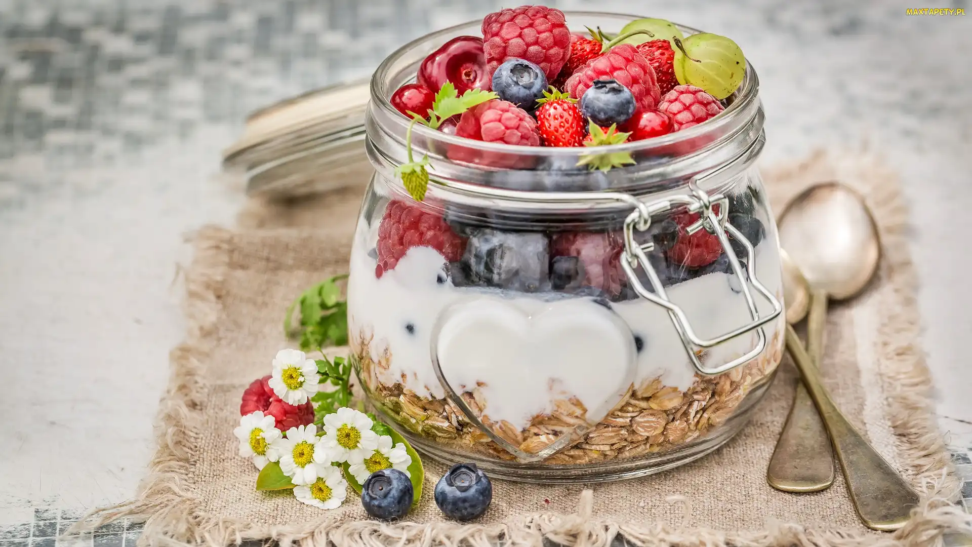 Płatki owsiane, Łyżeczki, Owoce, Jogurt, Słoik