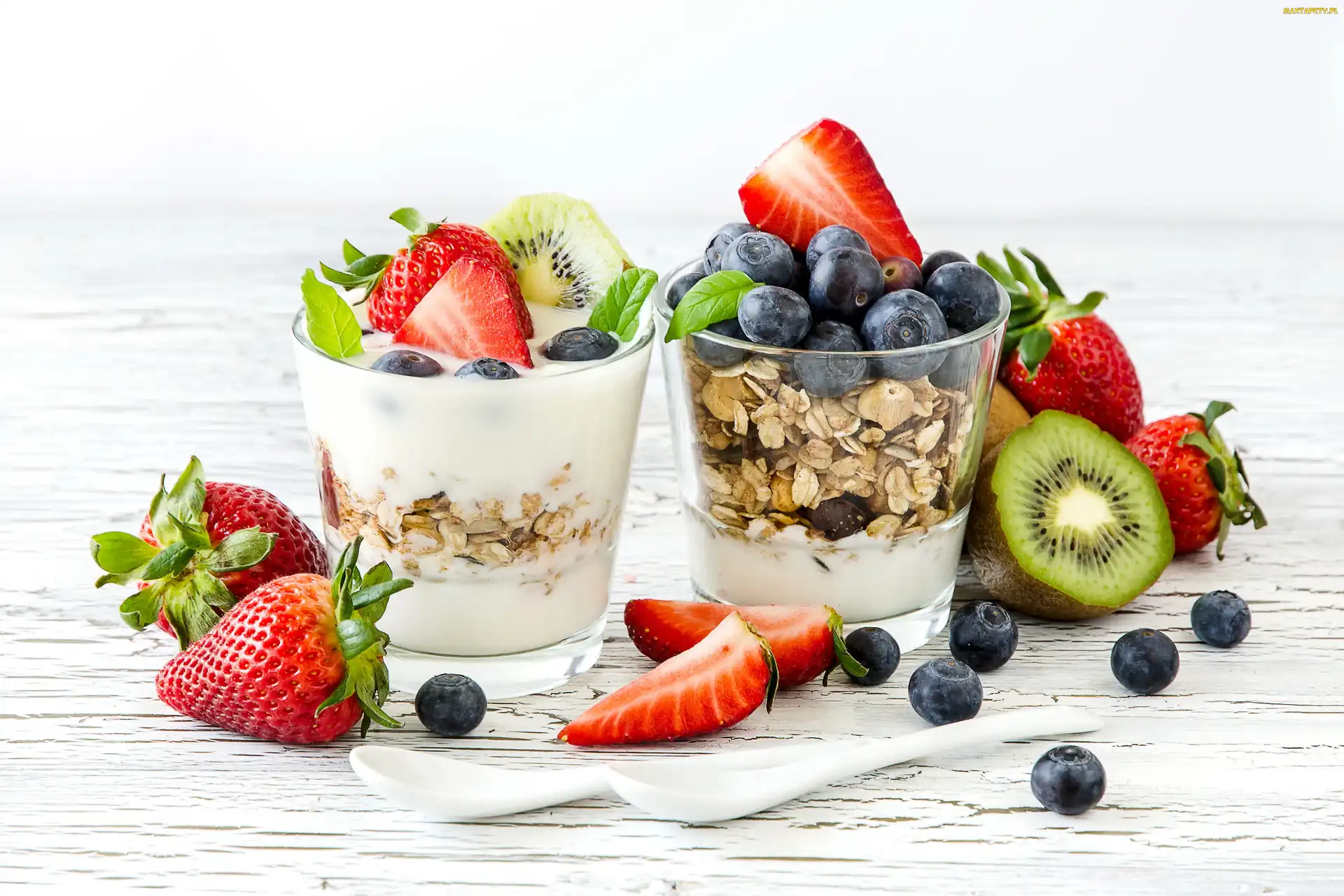 Kiwi, Borówki, Owoce, Deser, Jogurt, Truskawki