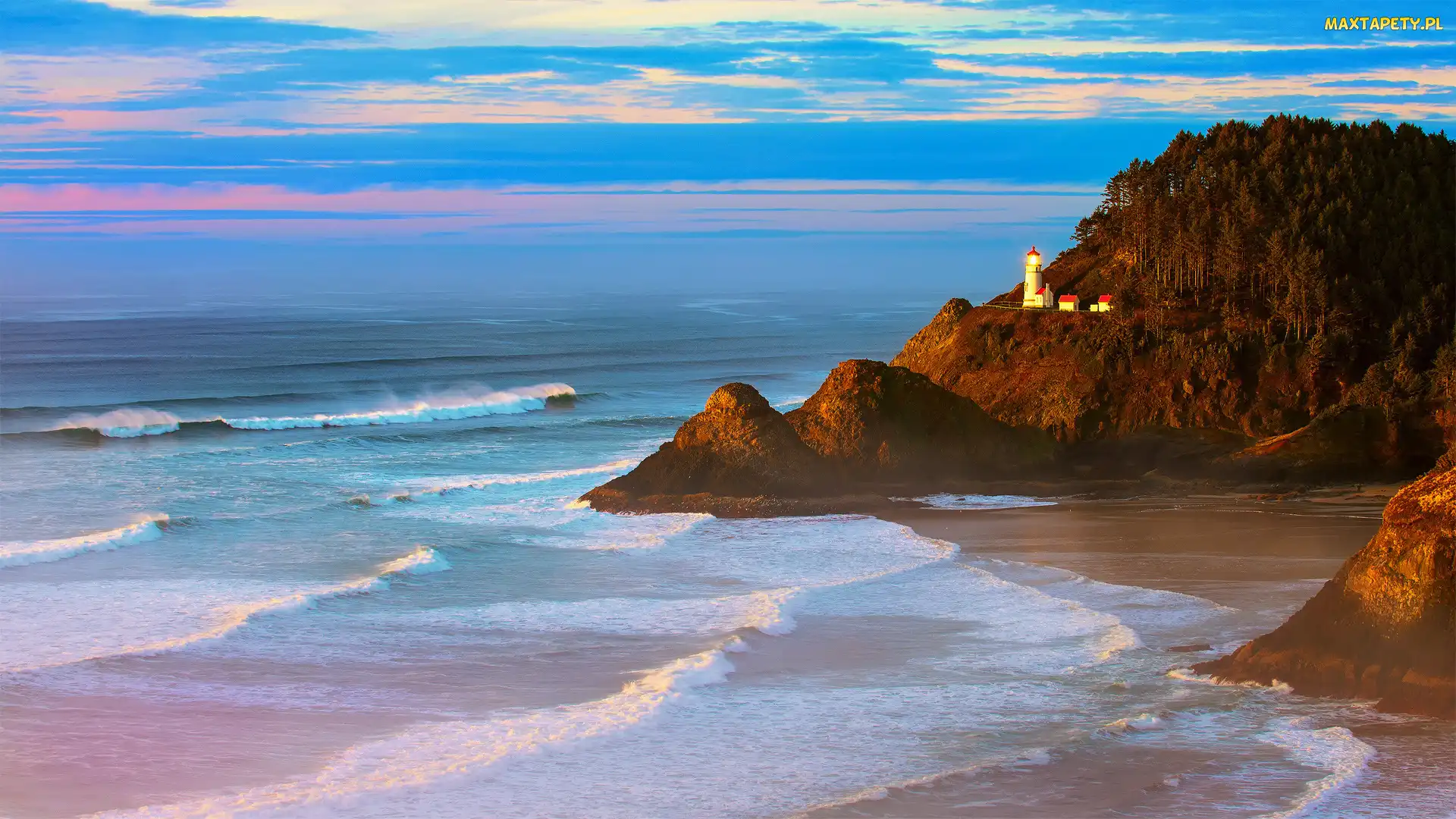 Latarnia morska Heceta Head, Niebo, Stan Oregon, Stany Zjednoczone, Wybrzeże, Morze