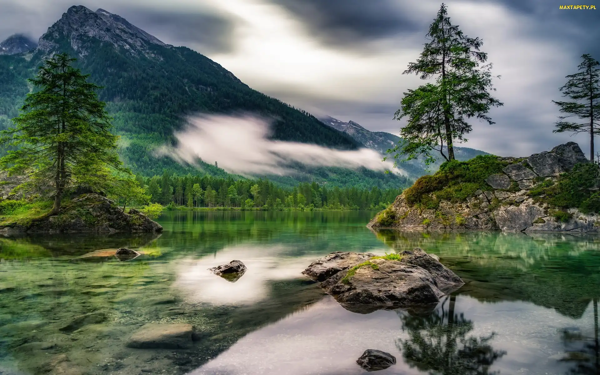 Skały, Lasy, Bawaria, Mgła, Góry, Niemcy, Jezioro Hintersee