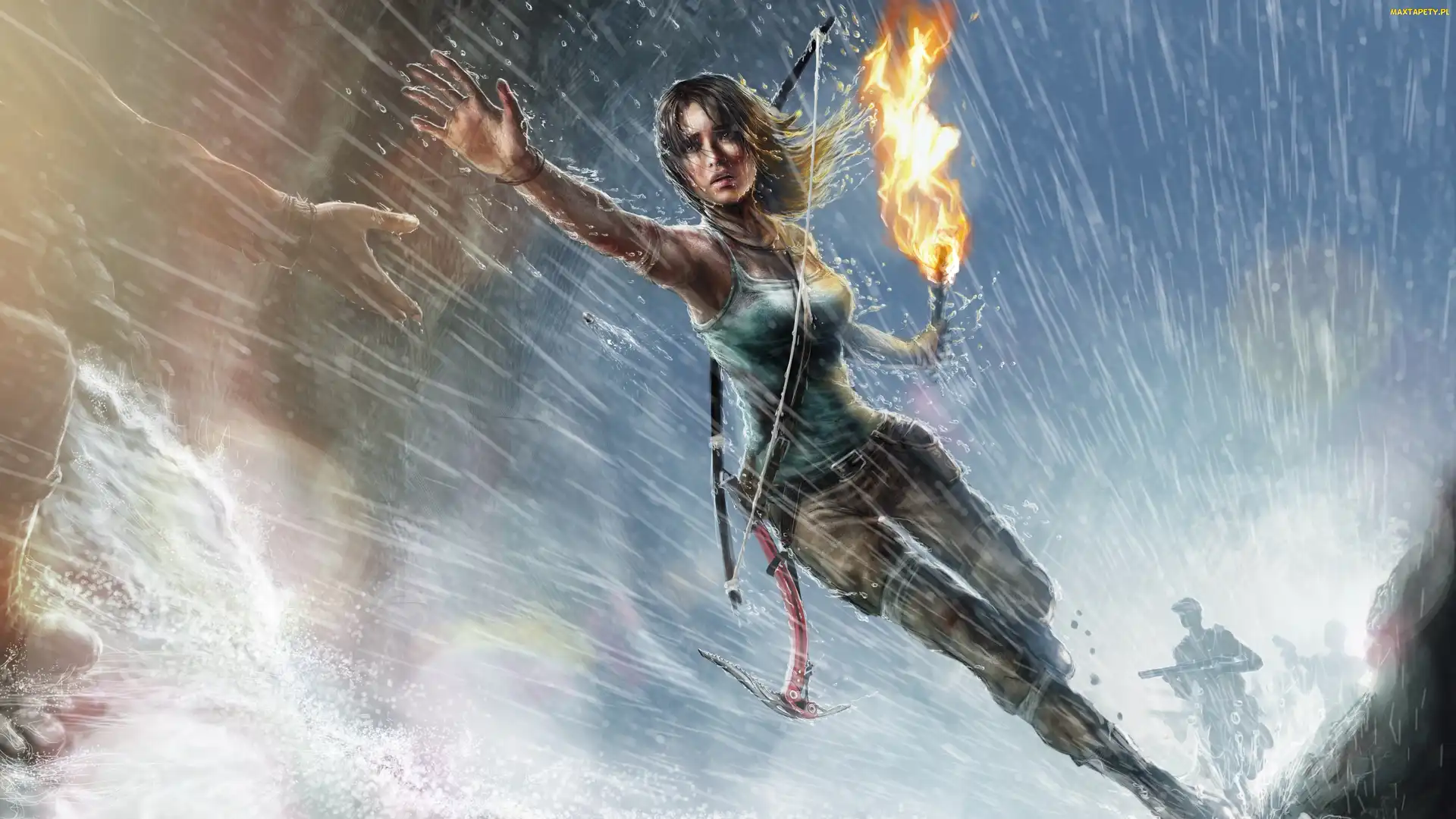 Gra, Rise of the Tomb Raider, Łuk, Ręka, Pochodnia, Lara Croft