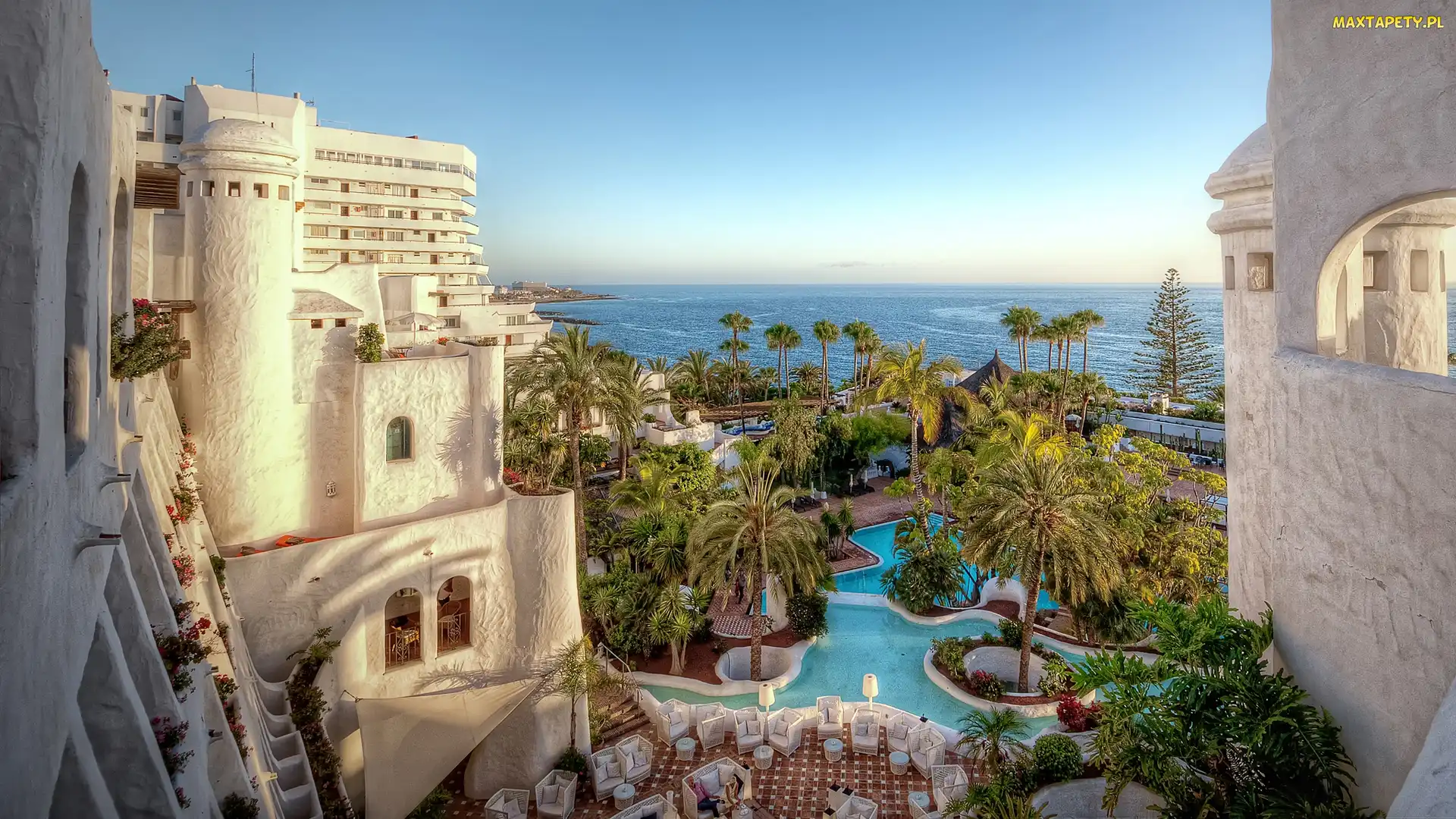 Wyspy Kanaryjskie, Baseny, Teneryfa, Hotel Jardin Tropical, Morze, Costa Adeje, Palmy, Ocean Atlantycki