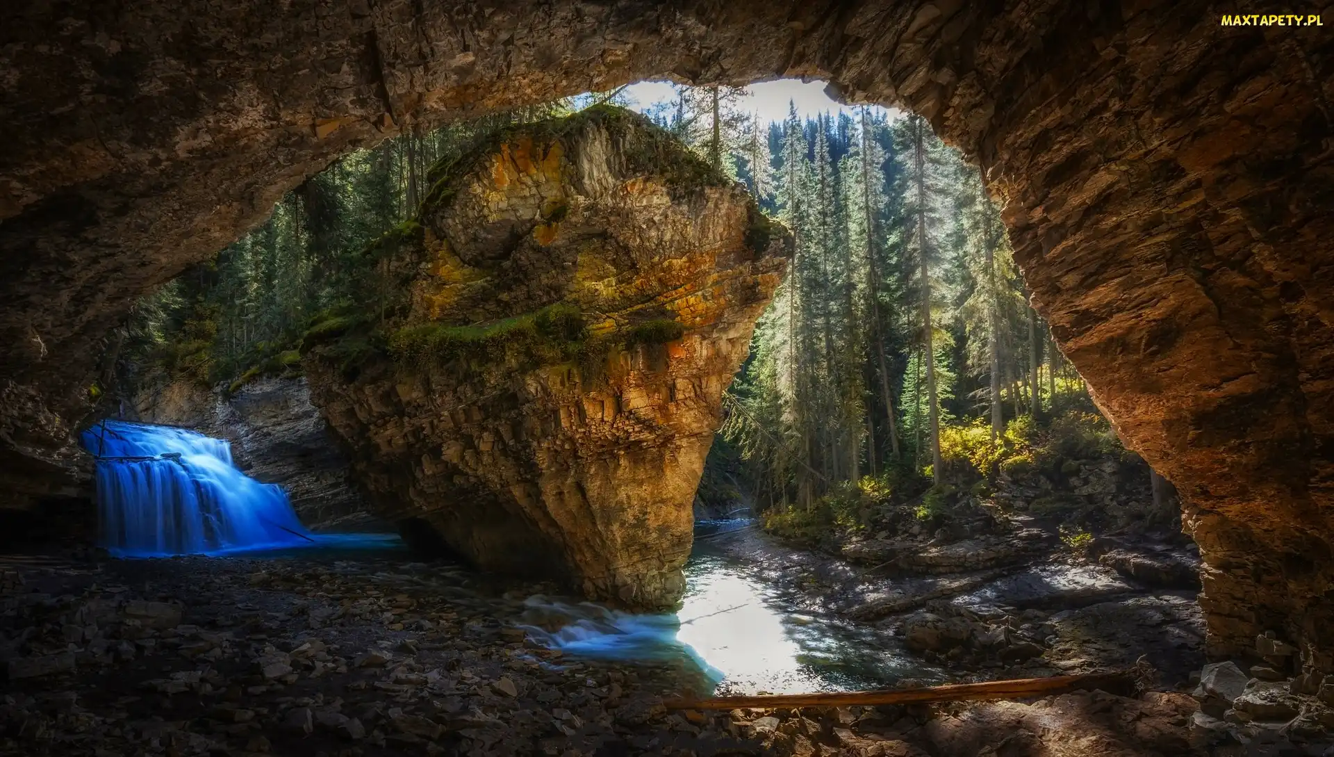 Wodospad, Skała, Park Narodowy Banff, Poranek, Jaskinia, Kanada, Johnston Canyon