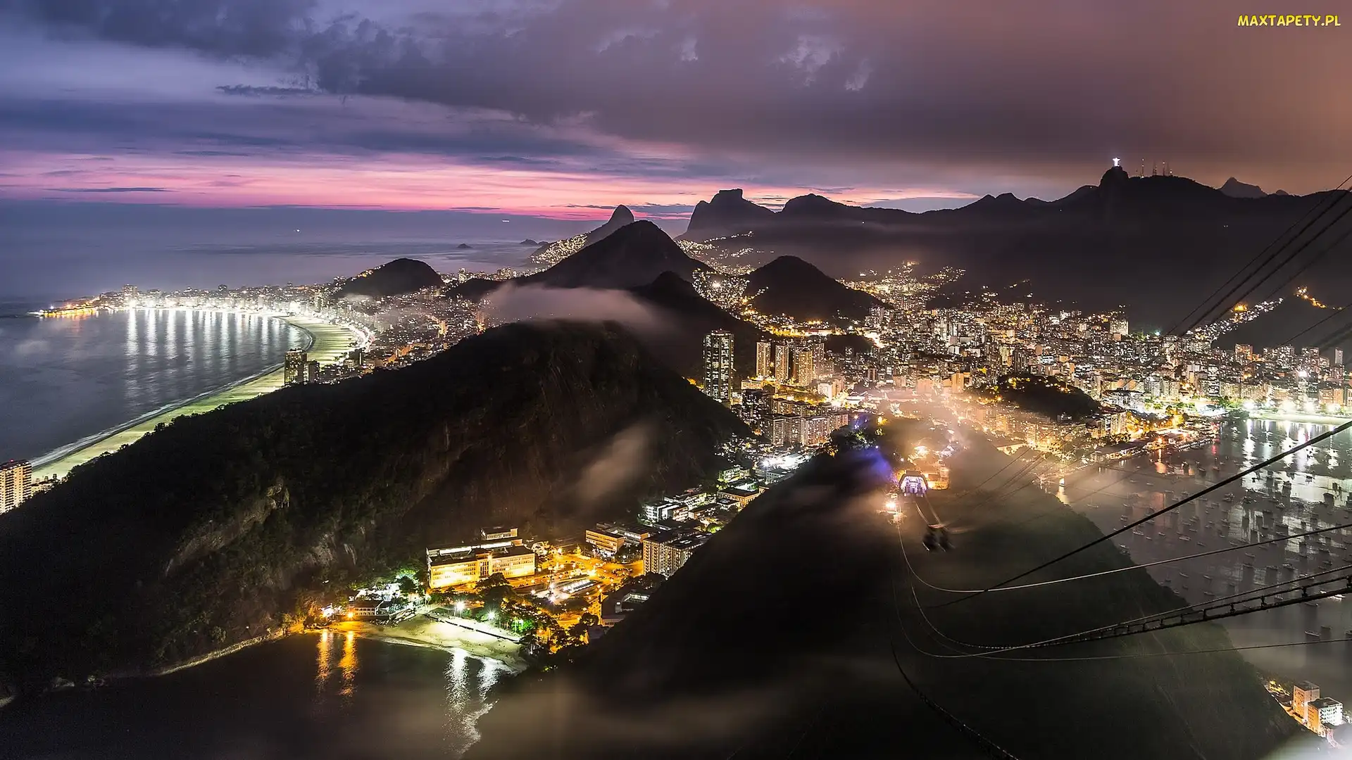 Rio de Janeiro, Morze, Góry, Miasto nocą, Brazylia