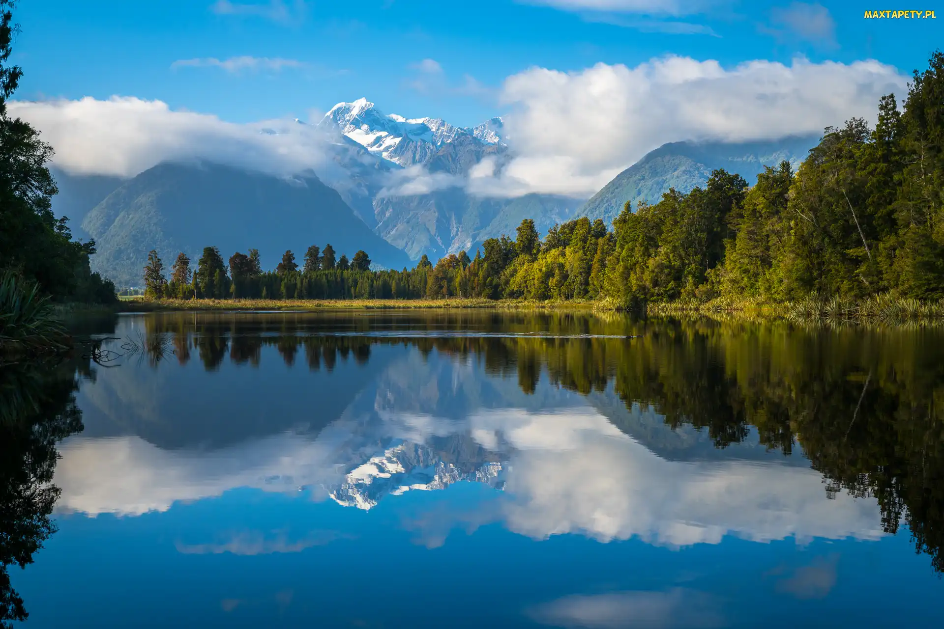 Nowa Zelandia, Góry, Park Narodowy Góry Cooka, Drzewa, Odbicie, Jezioro Lake Matheson