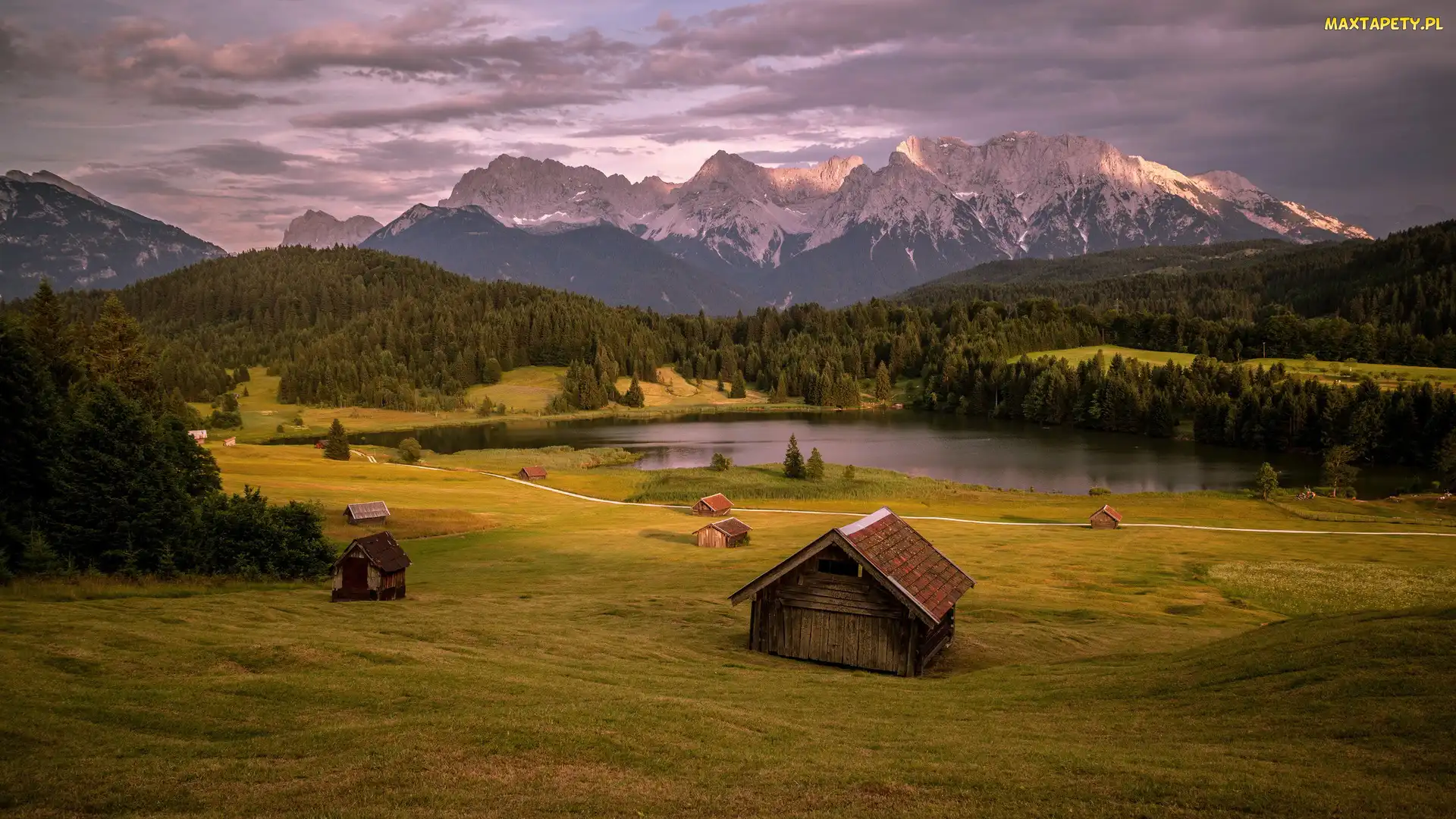 Domy, Lasy, Bawaria, Niemcy, Góry Alpy, Jezioro Wagenbrüchsee