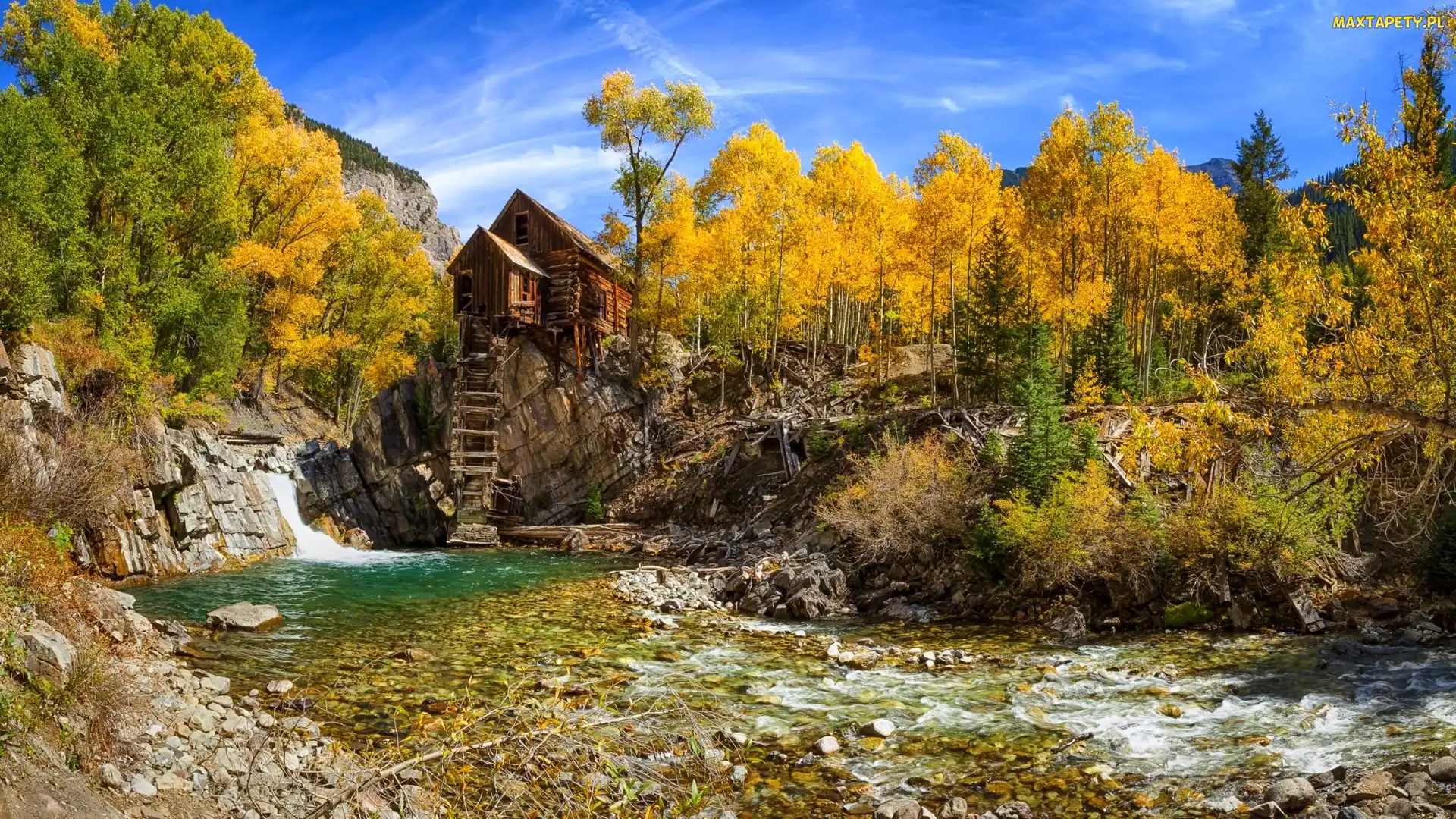 Drzewa, Jesień, Stan Kolorado, Stany Zjednoczone, Rzeka Crystal River, Młyn Crystal Mill