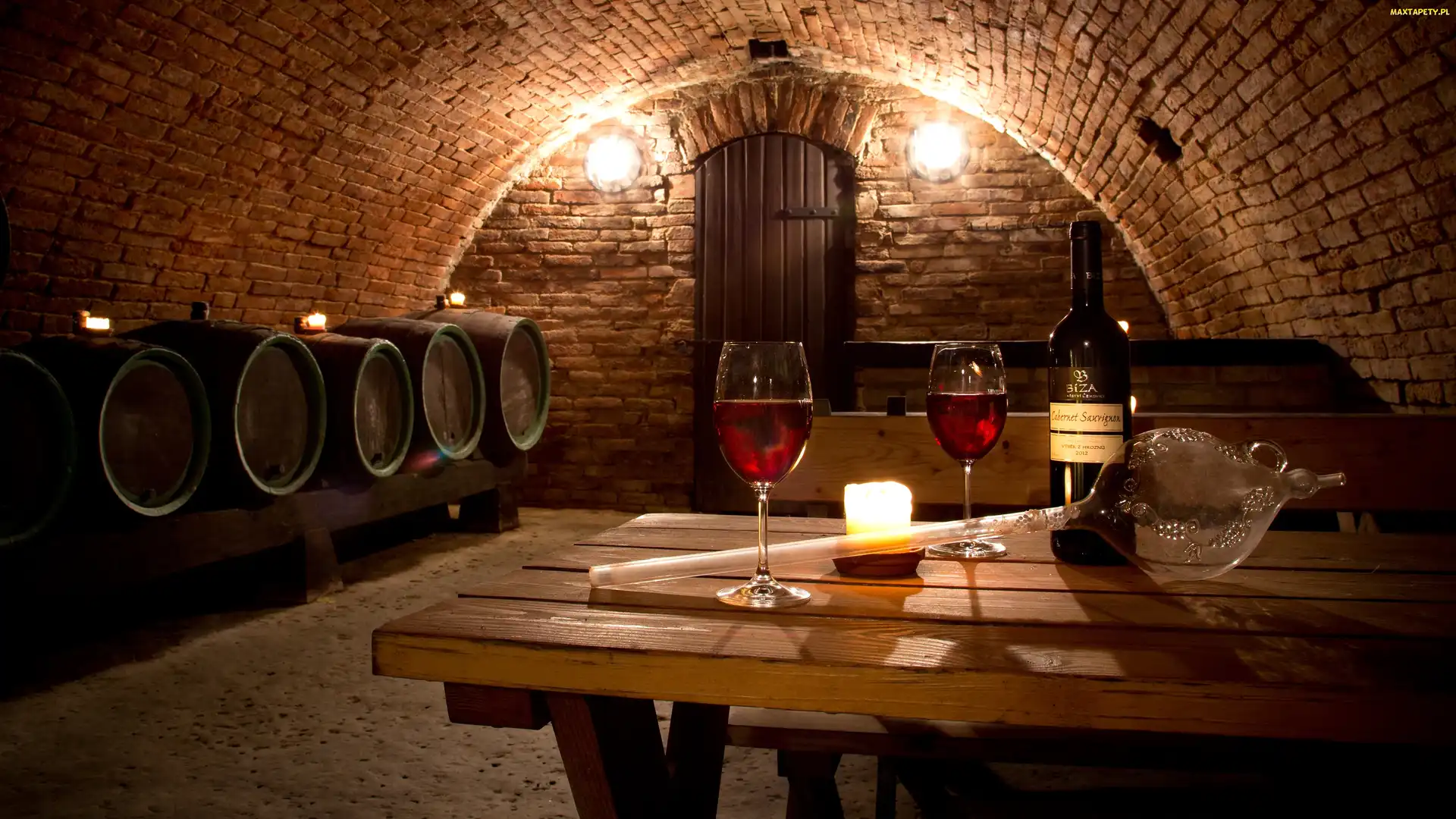 Beczki, Butelka, Kieliszki, Wino, Piwnica