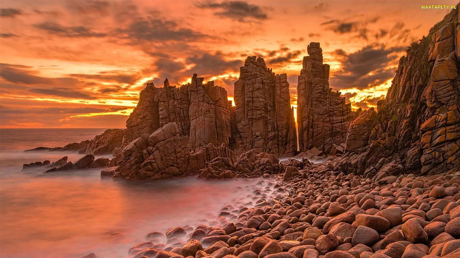 Wyspa Phillip Island, Australia, Kamienie, Morze, Zachód słońca, Skały, Przylądek Cape Woolamai