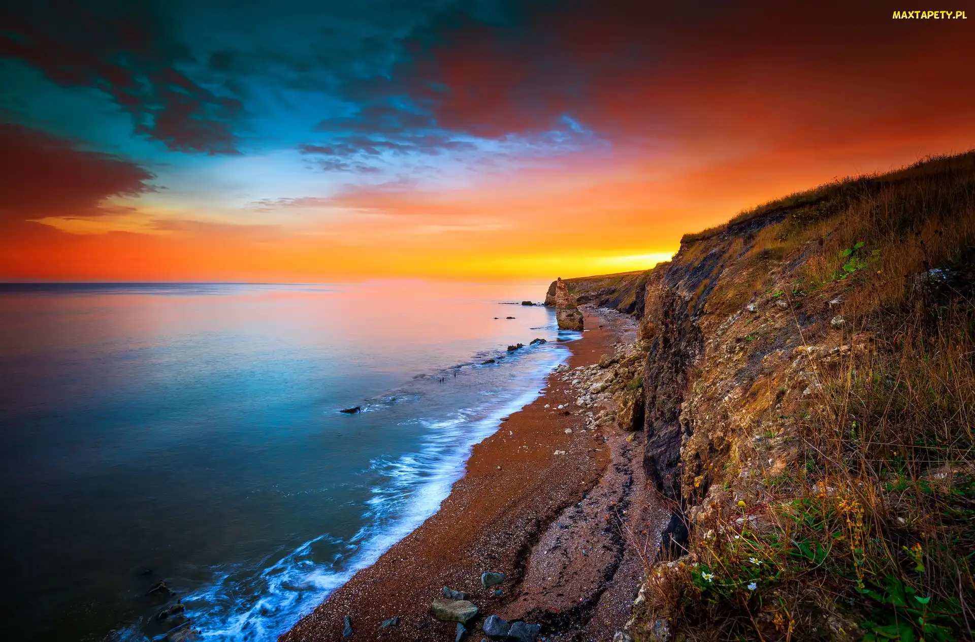 Chmury, Zachód słońca, Hrabstwo Northumberland, Anglia, Morze Północne, Wybrzeże